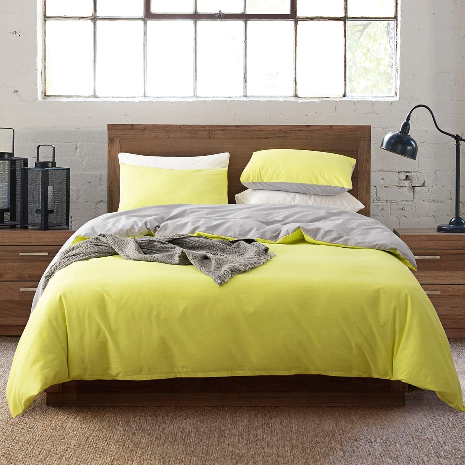 Premium 1200-Thread-Count 100% Egyptian Cotton Reversible Duvet Cover Set - Yellow & Silver Grey - California King Size (94