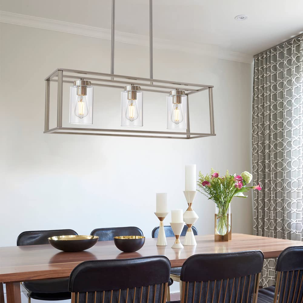 VINLUZ 3-Light Brushed Nickel Linear Chandelier with Clear Glass Shade - Modern Kitchen Island Pendant Light, Farmhouse Dining Room Ceiling Fixture for Living Room, Bar & Restaurant Lighting - Perfect for Home Decor and Commercial Spaces