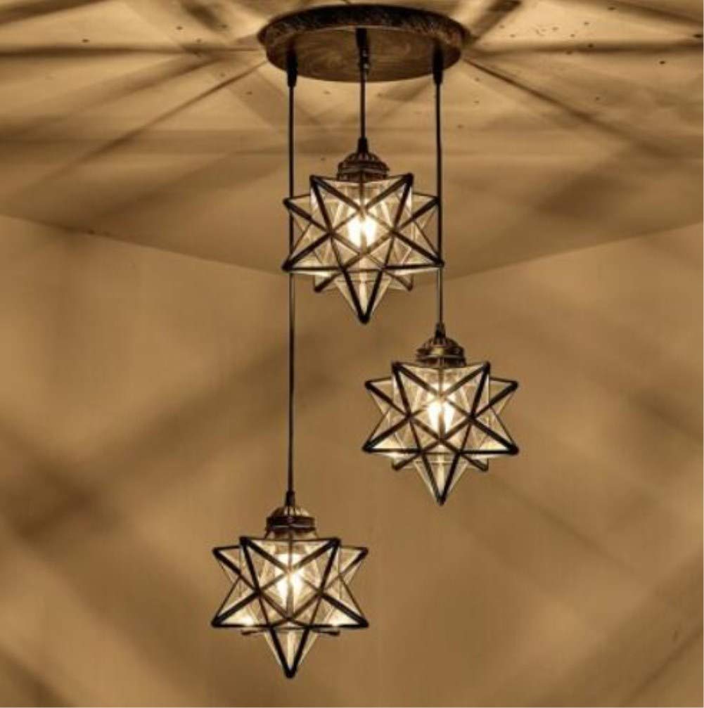 Teimi&Ritou 3-Light Round Base Moravian Star Chandelier - Iron Art Pendant Lamp with Transparent Glass for Dining Room, Living Room, Bedroom Lighting