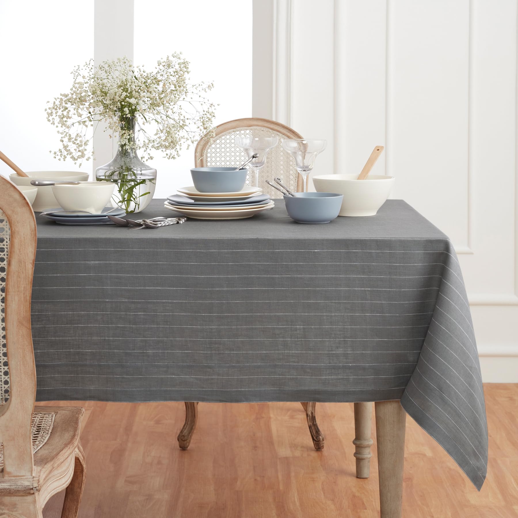 Premium 100% Linen Tablecloth 60x108 Inch - Handcrafted Grey & White Pinstripe Design - Machine Washable for Easy Care - Perfect for Spring Dining, Easter Brunch & Formal Dinner Parties