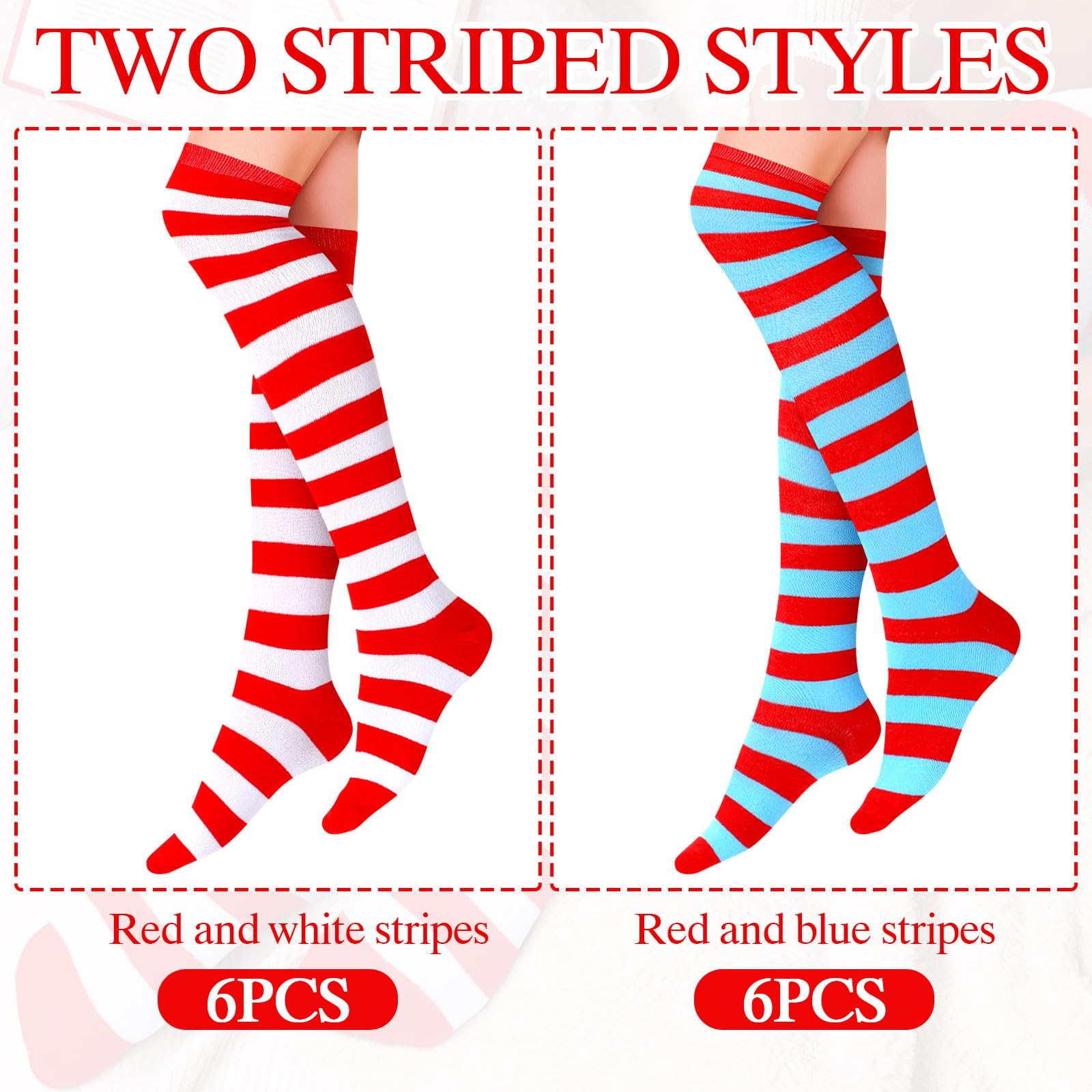 12 Pairs Women's Striped Over Knee Thigh High Socks - Christmas Knit Long Stockings for Party, Costume & Cosplay - Perfect for Holiday Gifts, Winter Fashion & Festive Outfits