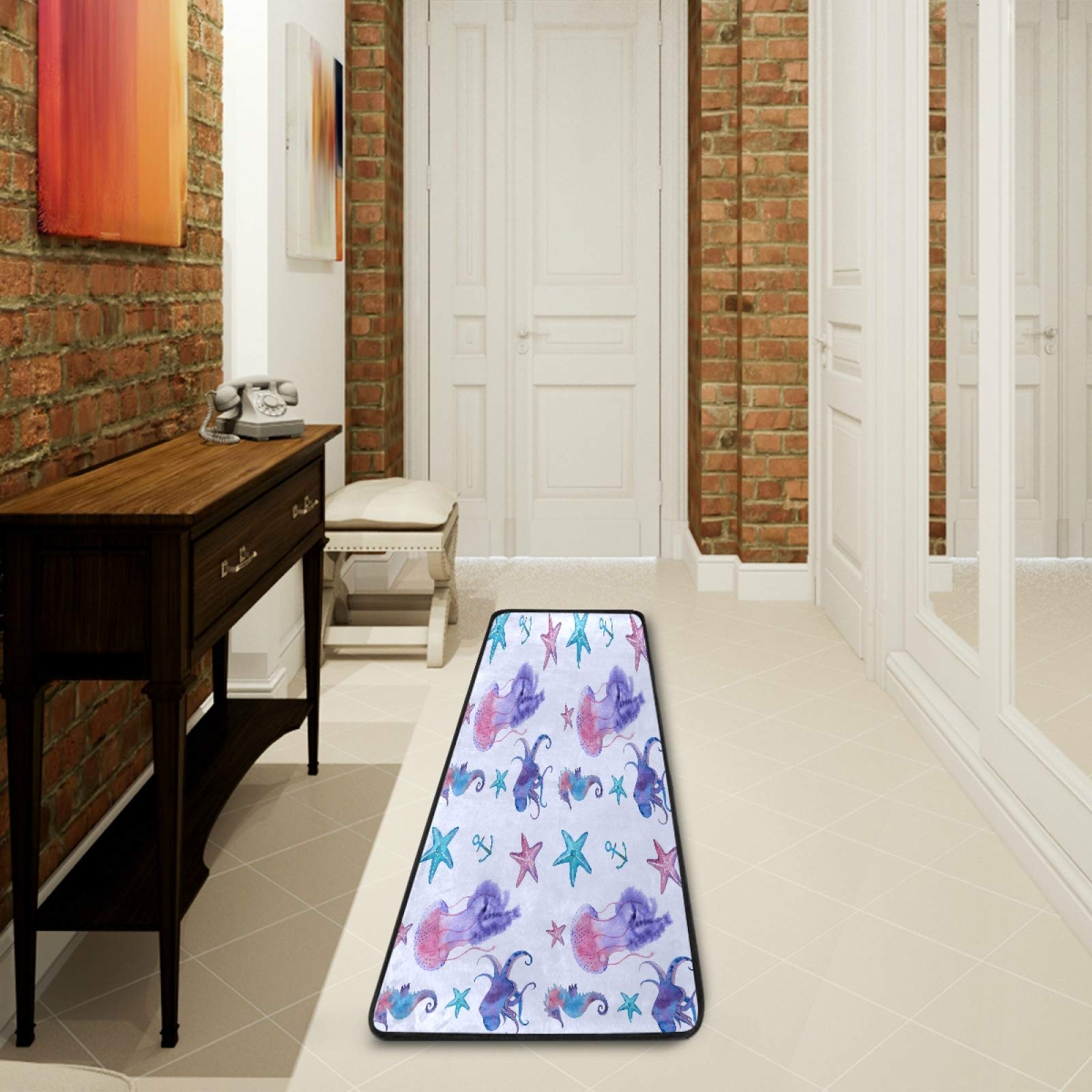 Non-Slip 2'x6' Long Runner Rug with Sea Life Design - Jellyfish, Seahorse, Starfish & Octopus Pattern - Perfect for Hallway, Living Room, Bedroom, Bathroom & Entryway - Soft Indoor Carpet Mat for Home Decor | Great for Beach House, Kids Room & Coastal Themed Spaces