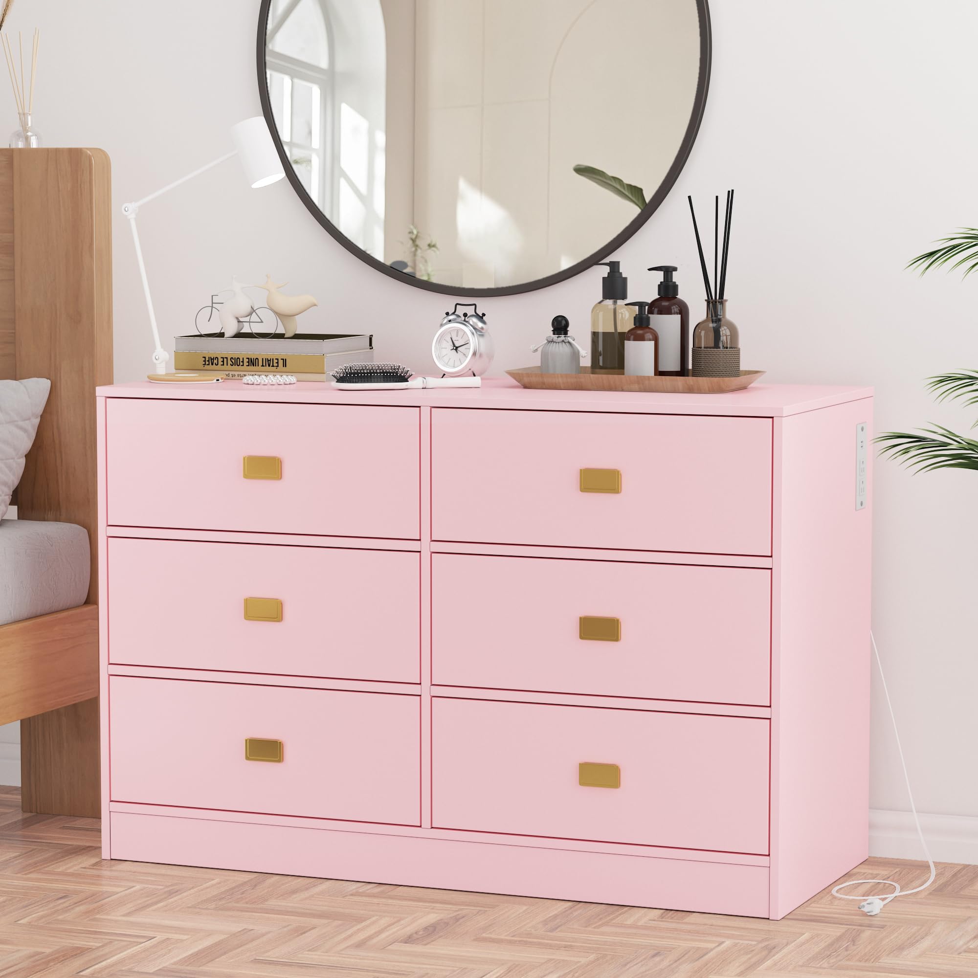 6-Drawer Nursery Dresser with Changing Table Top - Pink Baby Storage Organizer with Power Outlets & Removable Top | Perfect for Infant Bedrooms & Nursery Organization