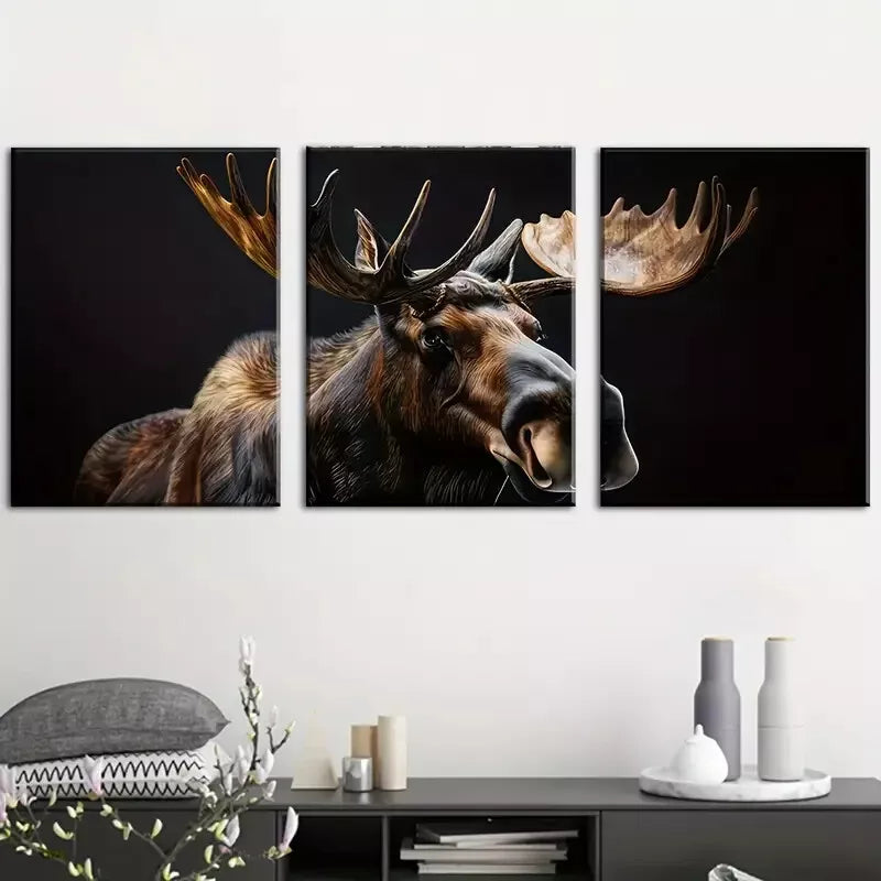 3-Piece Retro Simple Elk Animal Dark Black Wall Art Set - Framed Canvas 40x60cm (16x24in) | High Quality Print | 100% Australian Made | Ready to Hang | Perfect for Living Room, Bedroom & Office Decor