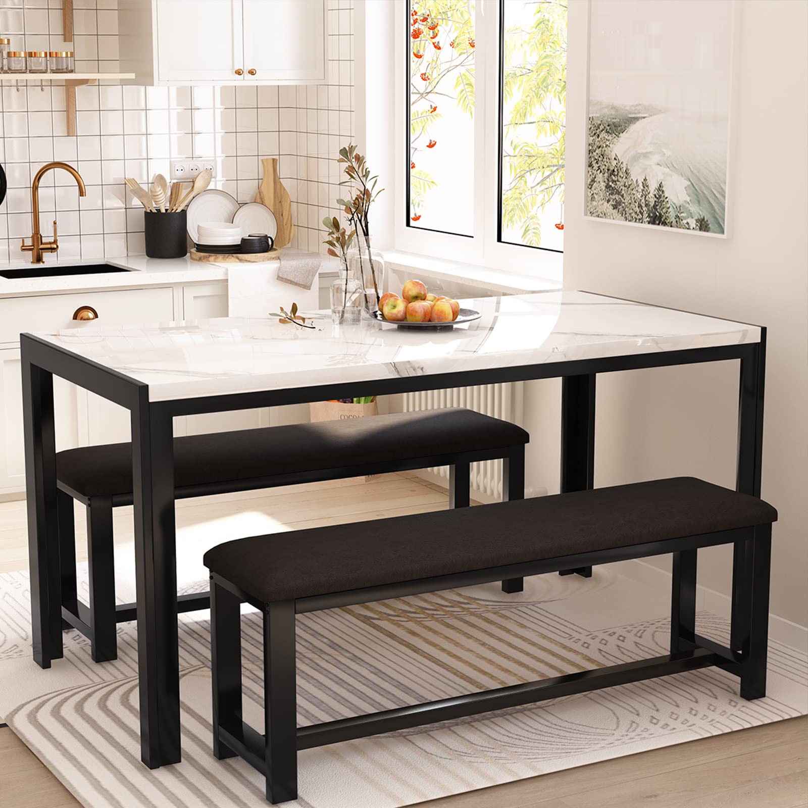 **DKLGG 4-Piece Faux Marble Dining Table Set with 2 PU Leather Benches - Modern Kitchen & Dining Room Table for Small Spaces | Perfect for Family Meals & Entertaining Guests**