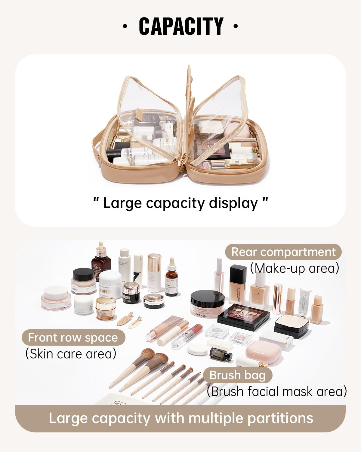 EACHY Large Waterproof Travel Makeup Bag for Women - Spacious Cosmetic Organizer with Divider & Handle, Portable Flat Open Toiletry Pouch - Perfect for Air Travel, Gym, Beach & Daily Essentials Storage