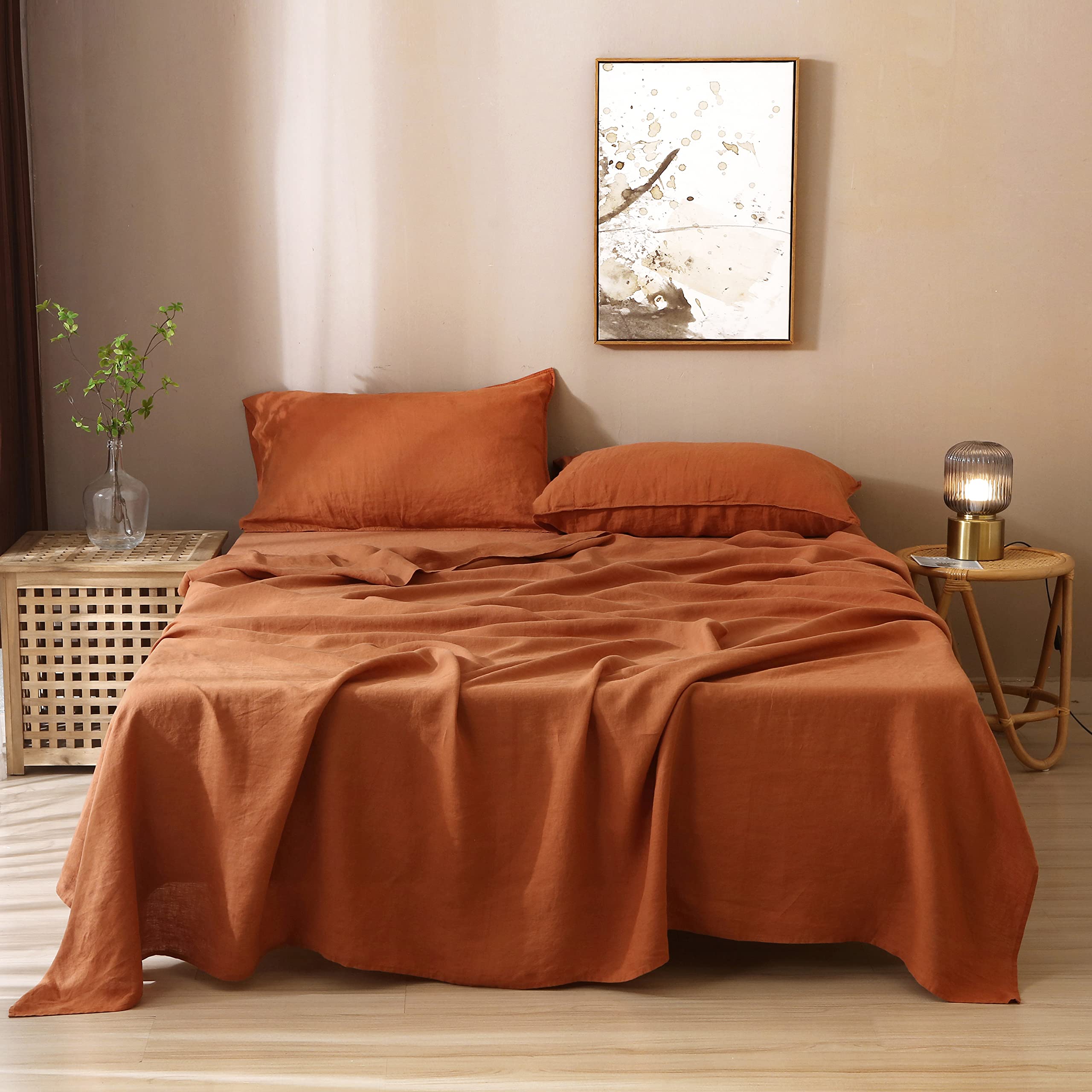 100% French Natural Linen Bed Sheets Set - Stone Washed, Ultra Soft & Breathable 3-Piece Twin Size (Caramel) | Perfect for Cozy Bedrooms, Guest Rooms & Vacation Homes