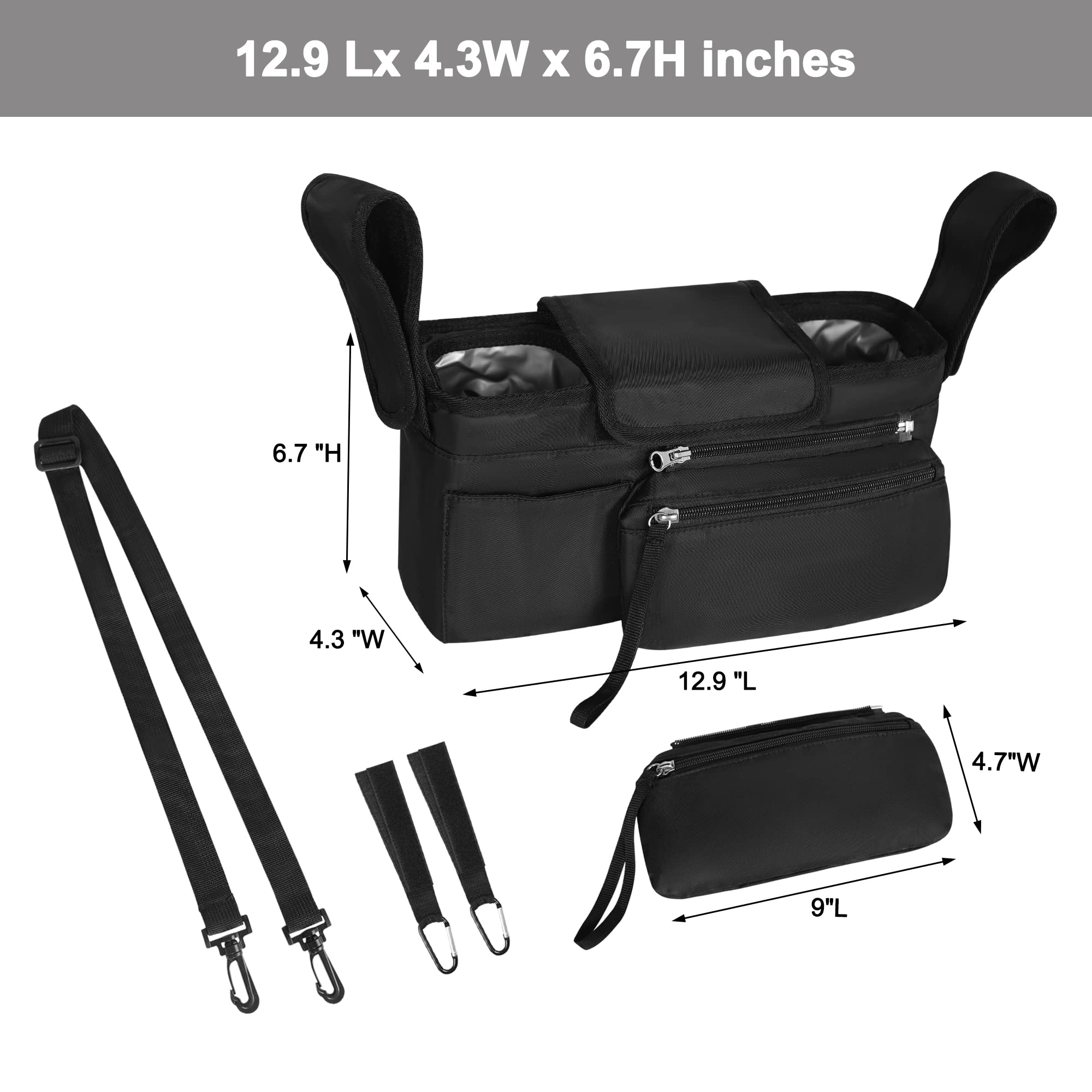 **Baby Stroller Organizer with 2 Insulated Cup Holders & Detachable Phone Bag - Universal Stroller Caddy for Diapers, Keys, Phone - Perfect for Shopping, Walks & Travel**