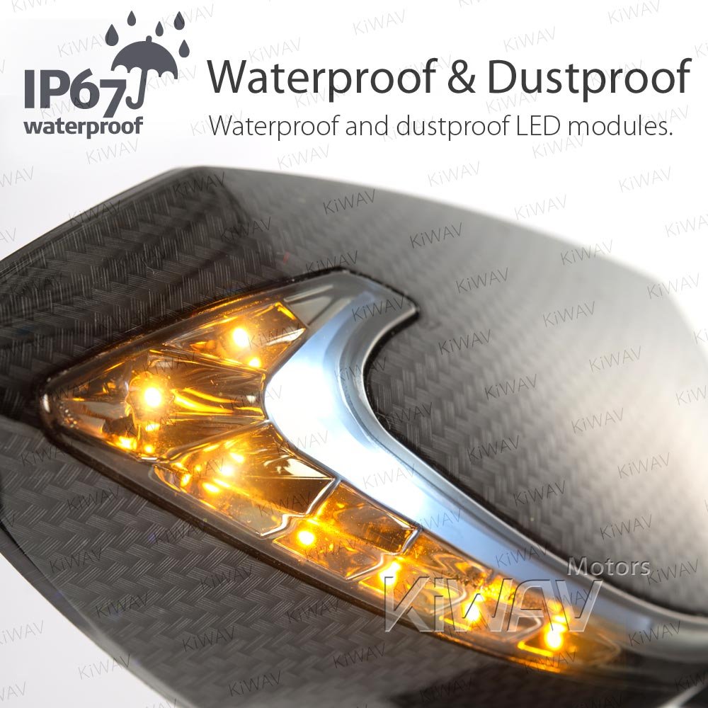 KiWAV Lucifer Carbon Fiber Motorcycle Mirrors - Dual LED Waterproof Turn Signals with Sequential Effect (10mm 1.5 Pitch) - Compatible with BMW R1200GS, R1250GS - Enhanced Visibility for Night Riding & Urban Commuting