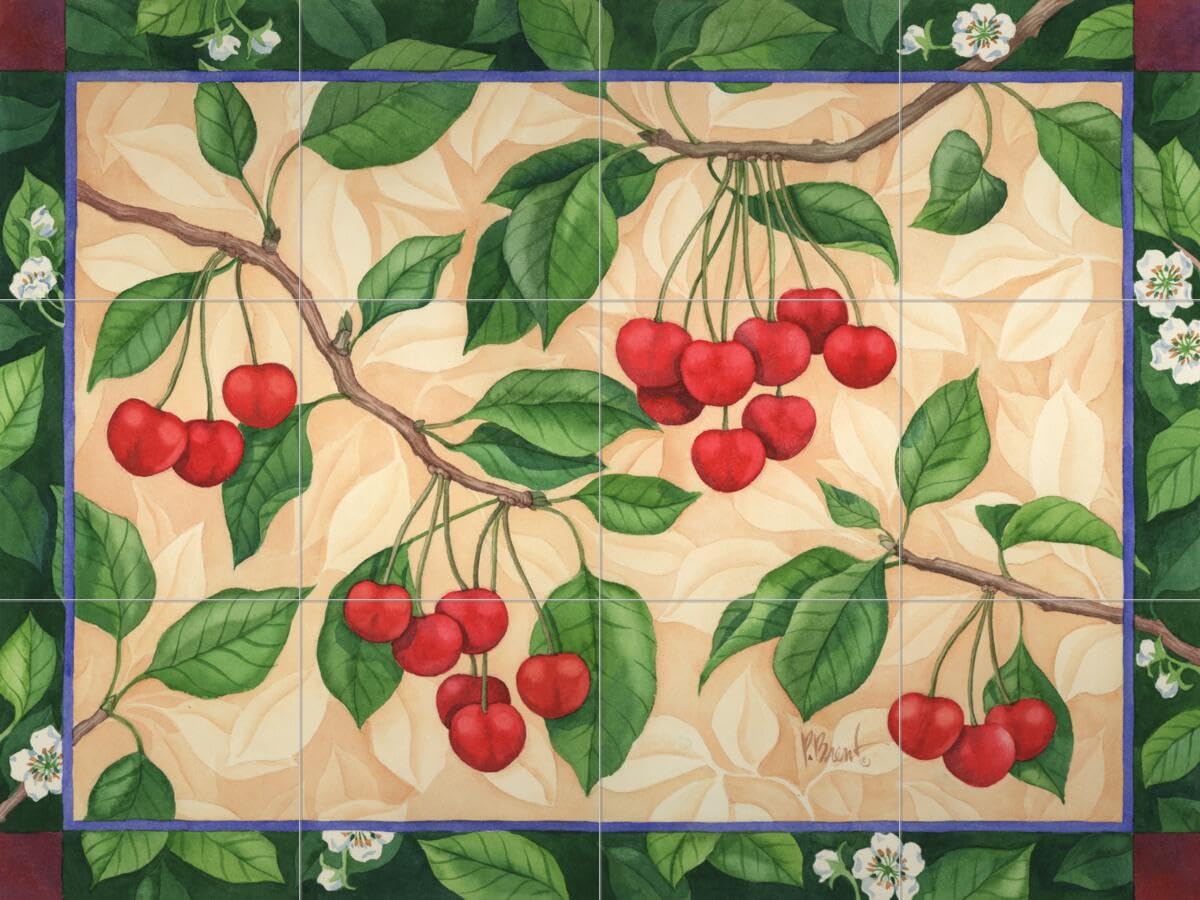 Ceramic Backsplash Tile Mural - Windsor Cherry Fruit & Vegetable Design by Paul Brent - Waterproof Kitchen & Bathroom Wall Decor for Modern Homes