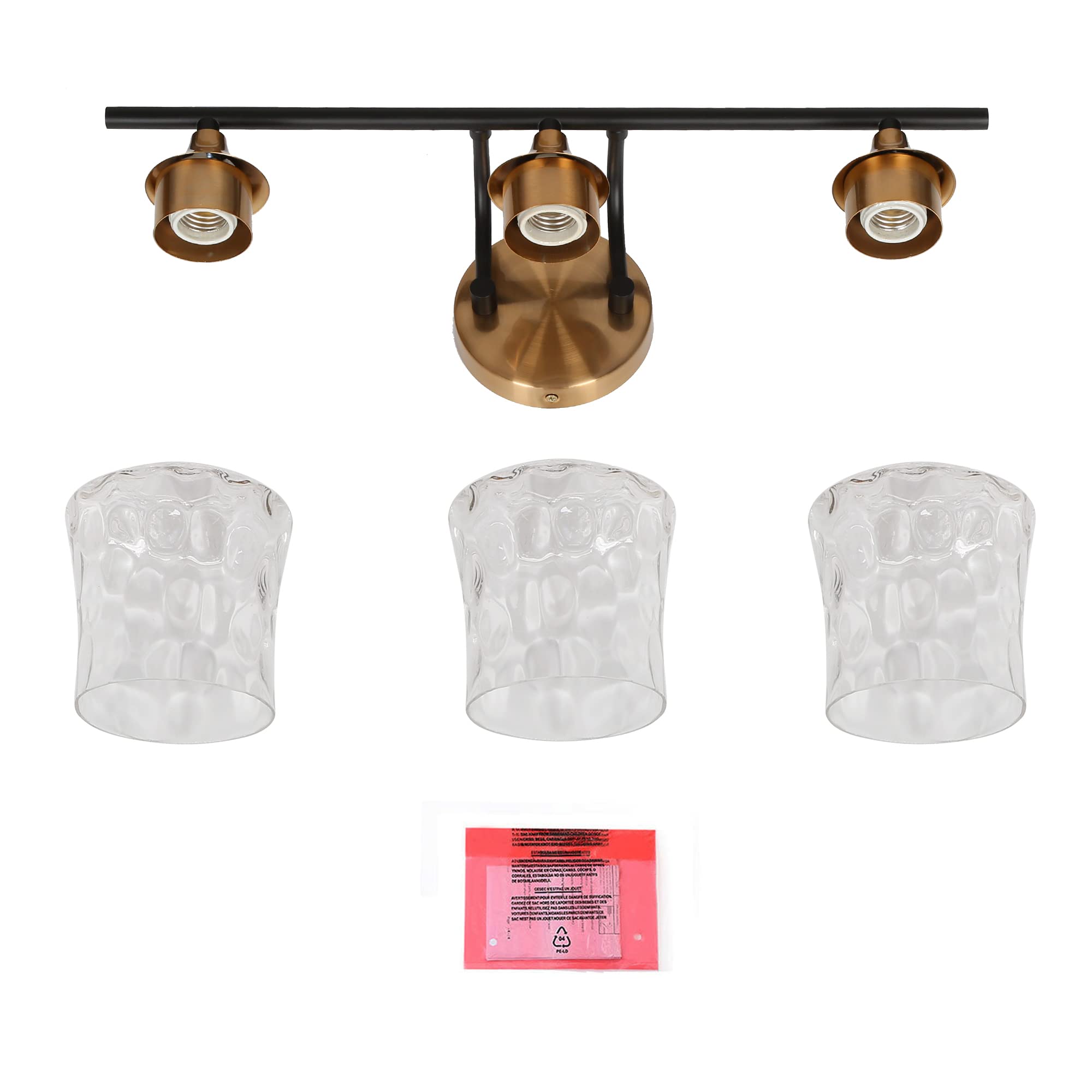 Durent Lighting Bathroom Vanity Light Fixtures - Black & Brass 3-Light Bathroom Sconce with Water Ripple Glass & Electroplated Finish for Modern Bathroom Decor | Perfect for Bathroom Mirror Lighting, Powder Room, and Master Bath Renovation