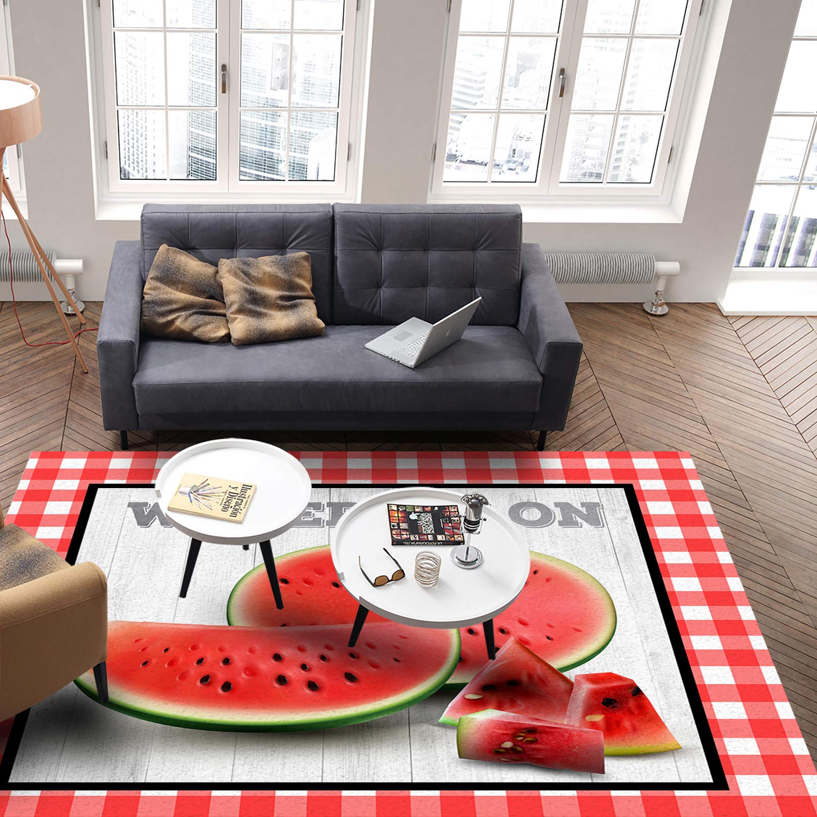 Large Non-Slip Area Rug 2'7x5' - Watermelon Pattern Summer Bedroom Carpet, Buffalo Plaid Kitchen Runner, Red and White Floor Mat for Living Room, Dorm, Nursery & Home Decor