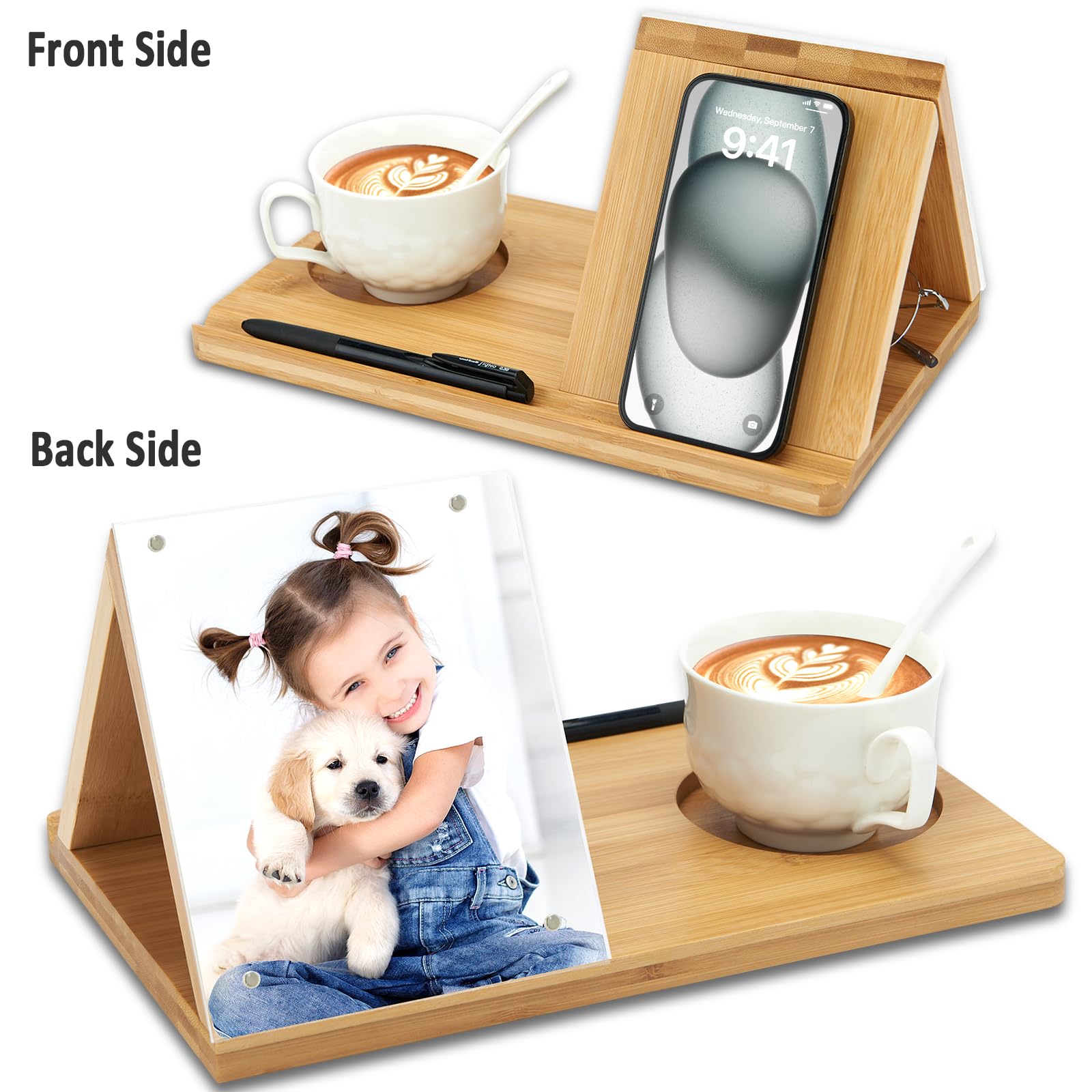Bamboo Book Holder Stand with Acrylic Picture Frame - Adjustable Book Rest with Cup Holder for Reading - Perfect Tablet & Kindle Stand - Ideal Gift for Book Lovers - Great for Home, Office & Library Use