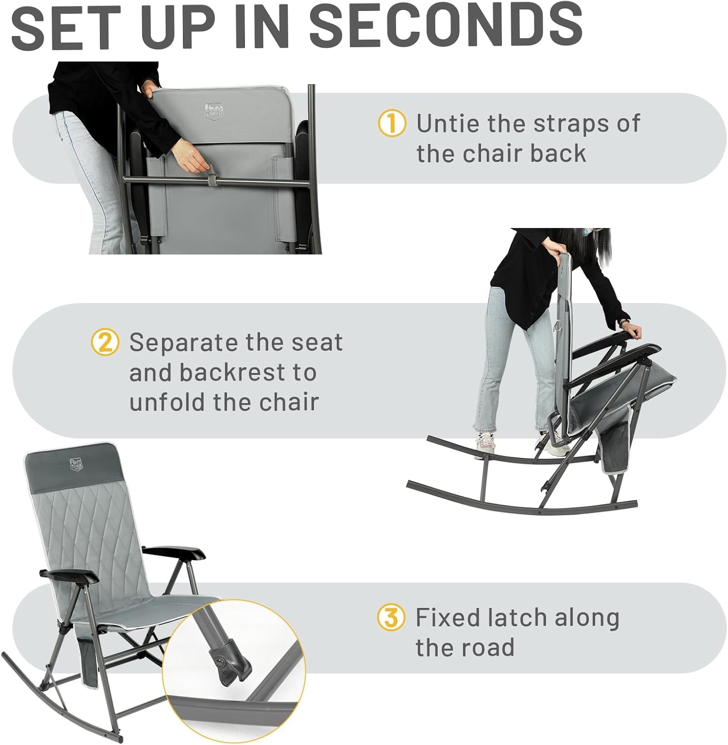 TIMBER RIDGE Adjustable Rocking Camping Chair - Padded High Back Outdoor Rocker with Side Pocket, Portable Folding Chair for Adults Supports 300 lbs - Perfect for Lawn, Patio, Porch, Beach & Backyard Relaxation (Grey, 1 Pack)