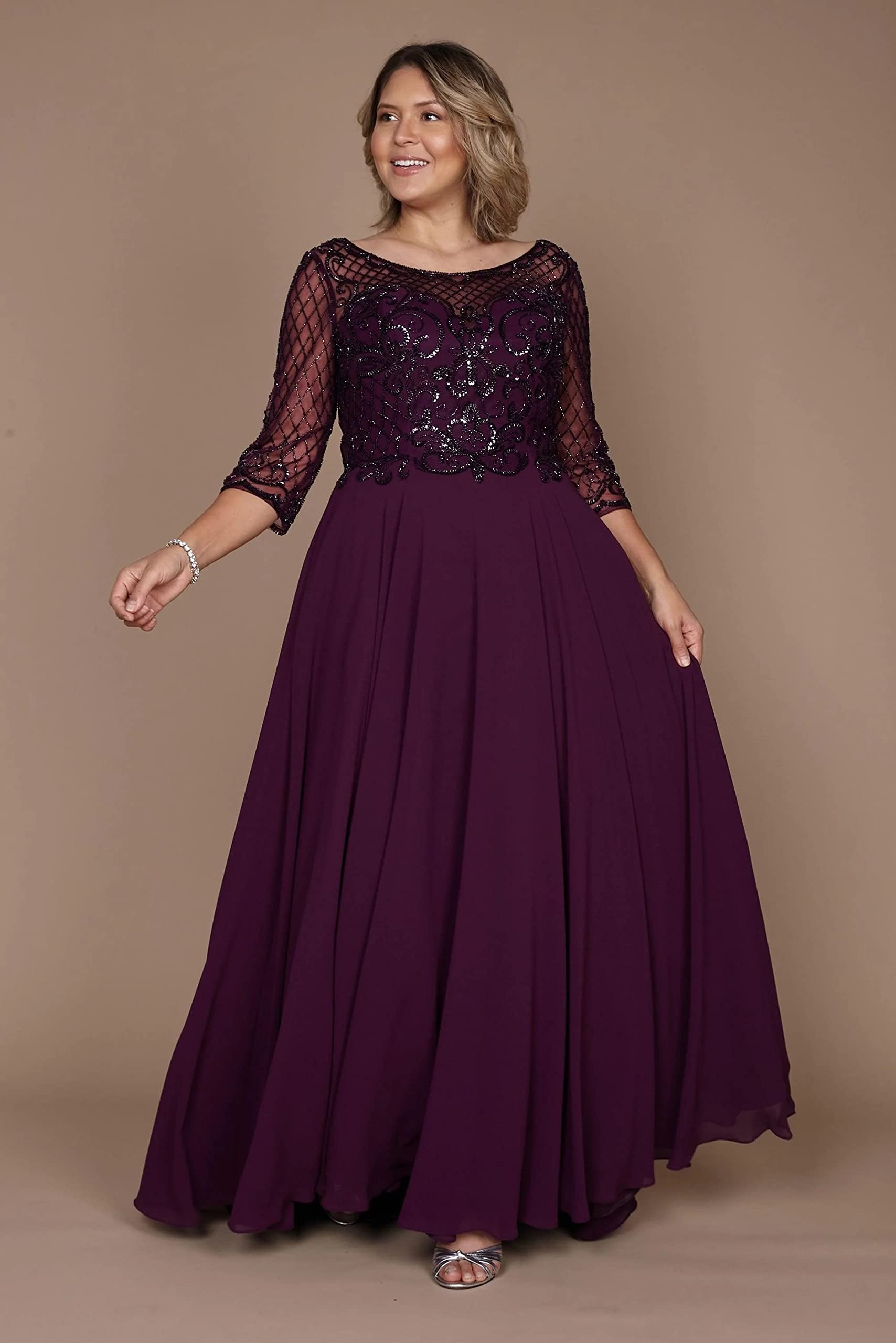 Elegant Plus Size Mother of The Bride Dress - Long Sleeve Beaded Formal Evening Gown for Weddings, Parties & Special Occasions