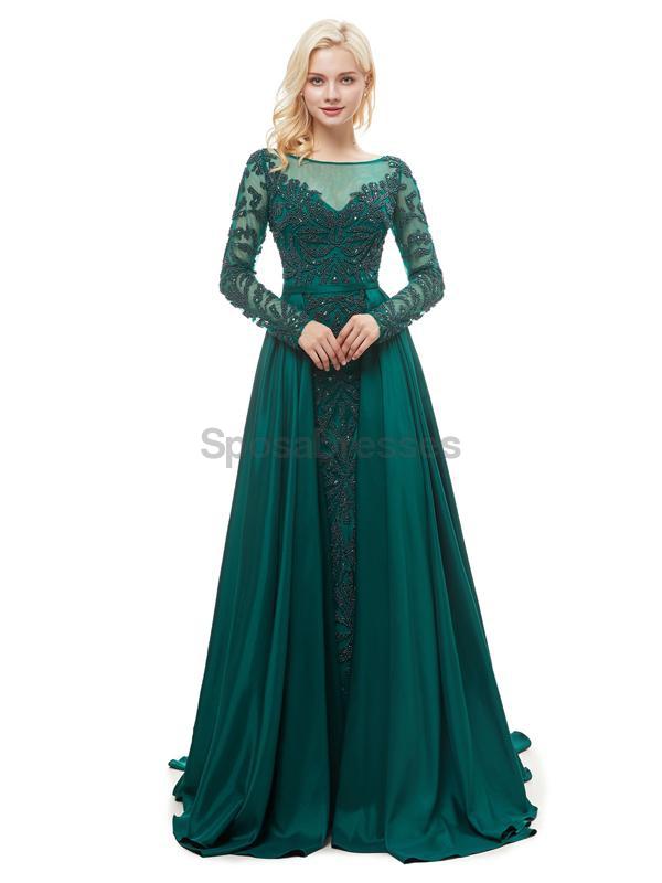 Emerald Green Long Sleeve Beaded Prom Dress for Women - Elegant Evening Party Gown with Sparkling Rhinestones - Perfect for Homecoming, Formal Dances & Special Occasions