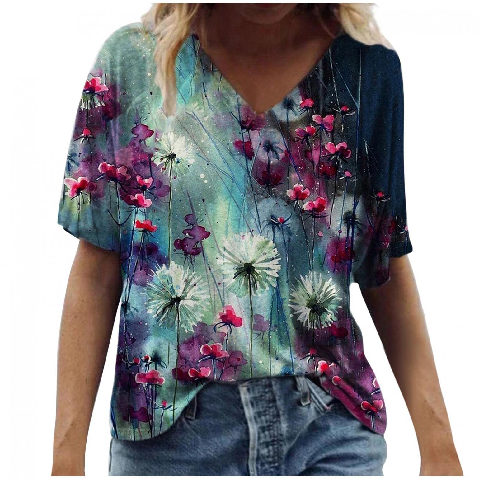 Trendy 2022 Summer Tops for Women - Short Sleeve V-Neck Casual Tunic Blouse, Plus Size Floral Loose Tee for Workout & Everyday Wear | Perfect for Yoga, Beach Outings and Office Casual Fridays