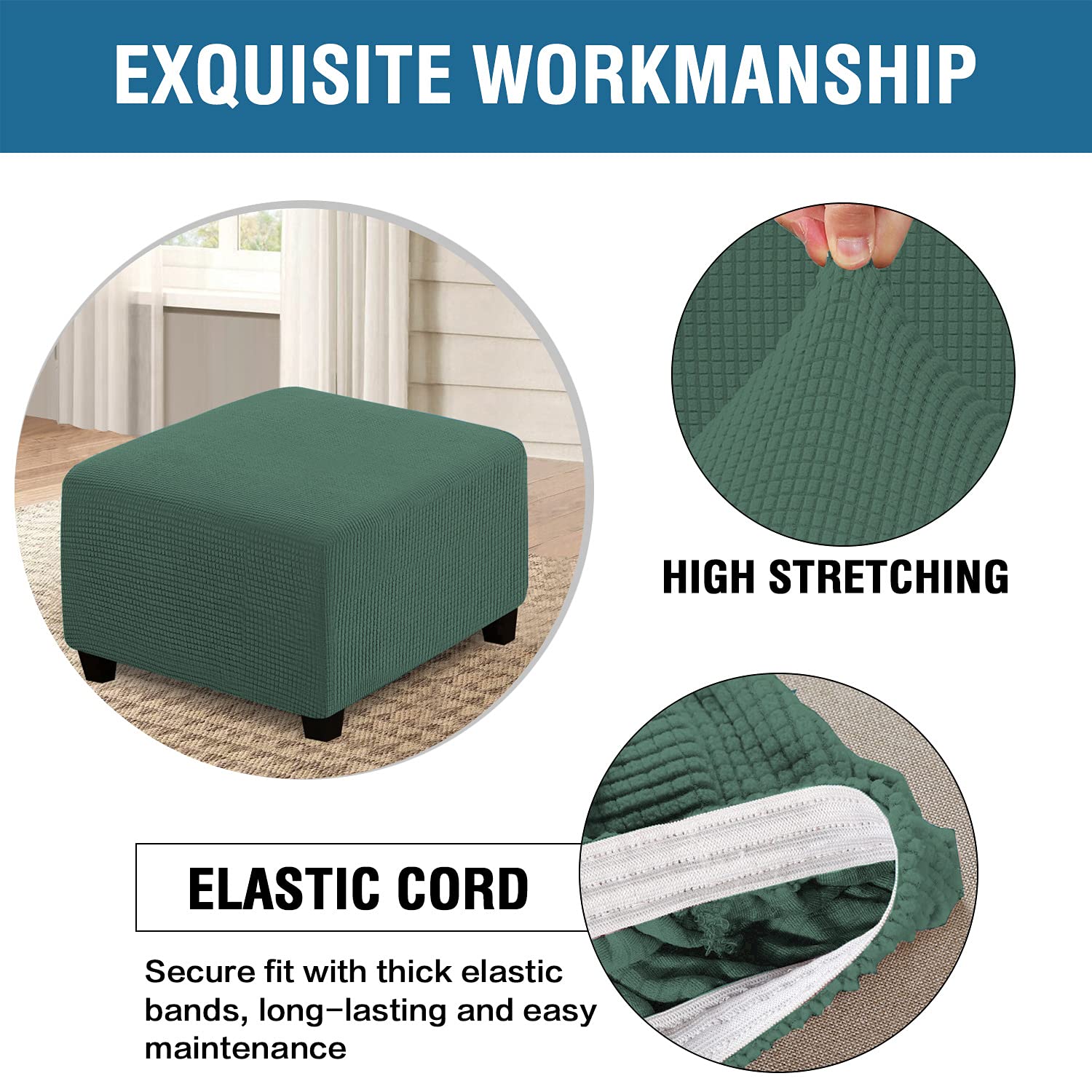 XMNTG Jacquard Stretch Ottoman Slipcover - Washable Square Folding Storage Stool Cover with Elastic Bottom - Furniture Protector & Footrest (Green Checkered Pattern) - Perfect for Living Room, Bedroom & Home Decor