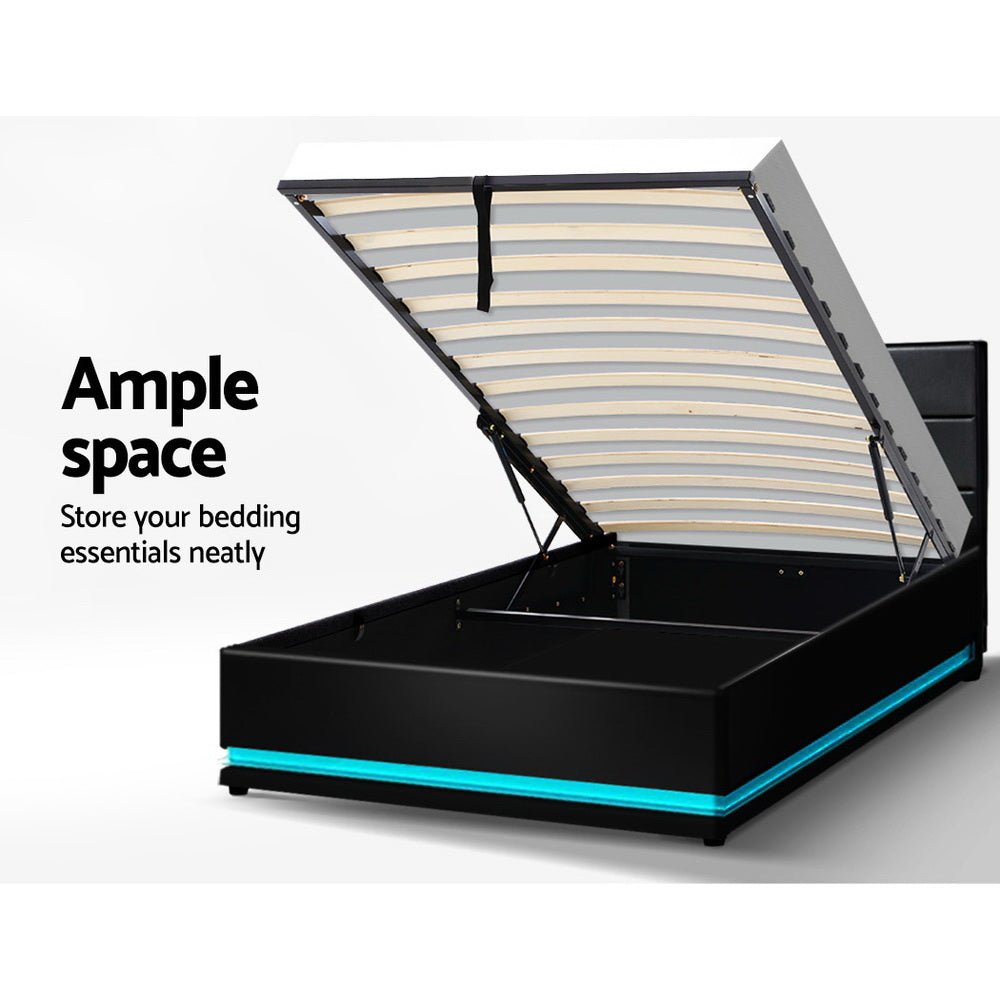 Henley King Single Gas Lift Storage Bed Frame with LED Lights - Black | Modern Space-Saving Bed with Hidden Storage | Perfect for Small Apartments, Dorms & Guest Rooms