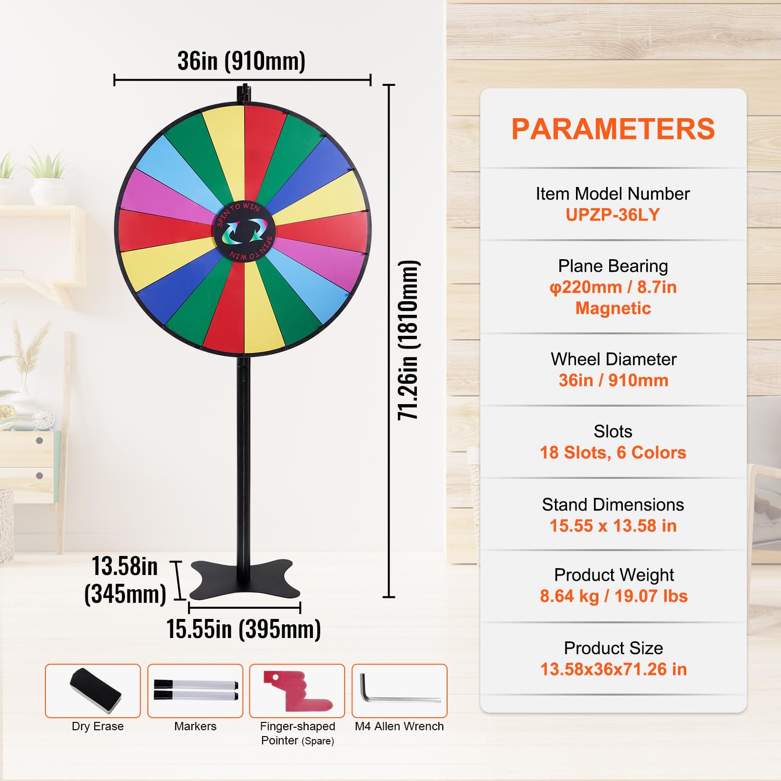 VEVOR 36 Inch Spinning Prize Wheel with 18 Slots - Dry Erase Roulette Wheel for Fortune Games, Includes 2 Markers - Perfect for Parties, Pubs, Trade Shows, Carnivals & Casino Nights - Tabletop or Floor Standing Spin Wheel for Exciting Giveaways & Contests