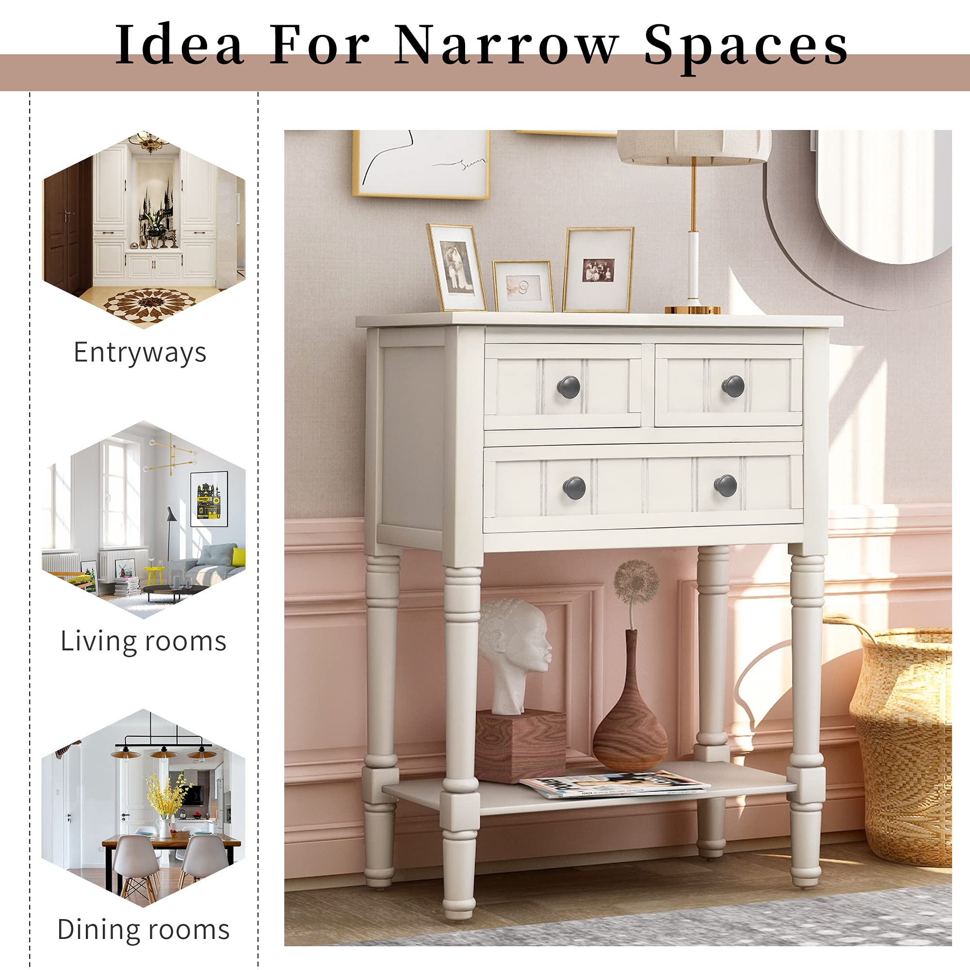 HOUAGI Narrow Console Table with 3 Drawers & Bottom Shelf - Slim Sofa Table for Entryway, Hallway, Living Room | Perfect for Small Spaces & Home Office | Easy Assembly