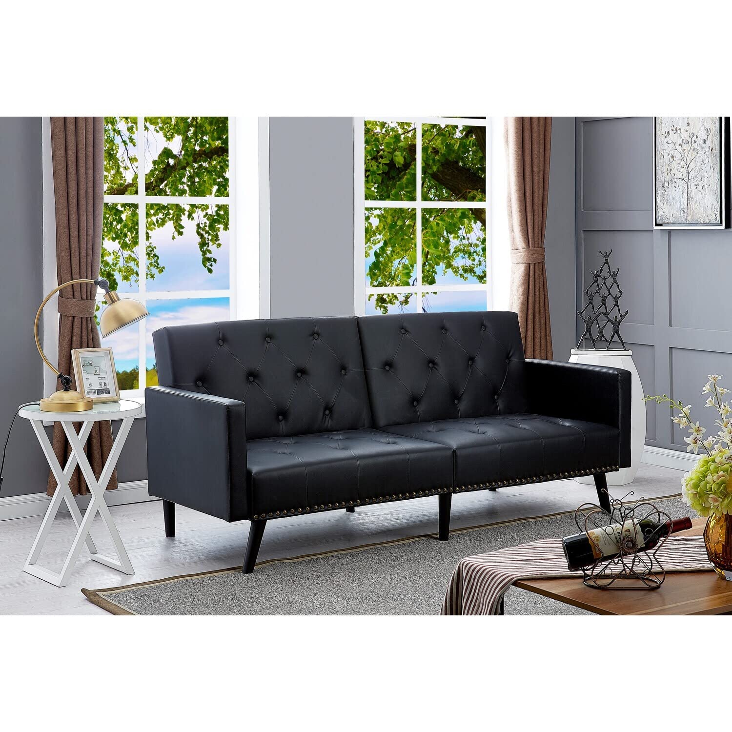 Black Faux Leather Futon Sofa Bed with Armrests & Metal Legs - Convertible Pull-Out Reclining Couch for Small Spaces - Perfect for Living Rooms, Guest Rooms & Studio Apartments | Naomi Home