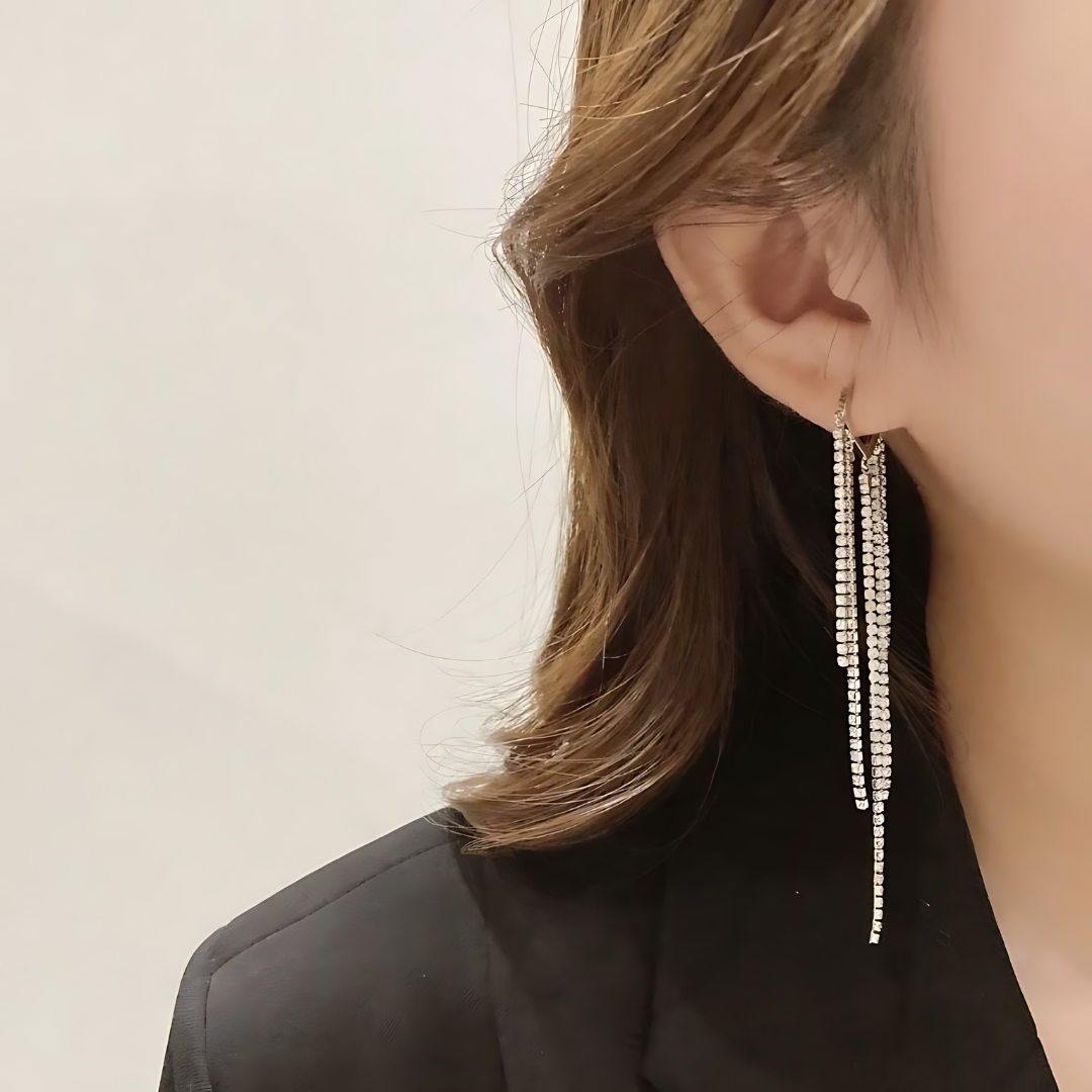 Sparkle Rhinestone Tassel Fringe Hoop Earrings for Women | Elegant Dangle Drop Earrings for Party, Wedding & Evening Out | R5354