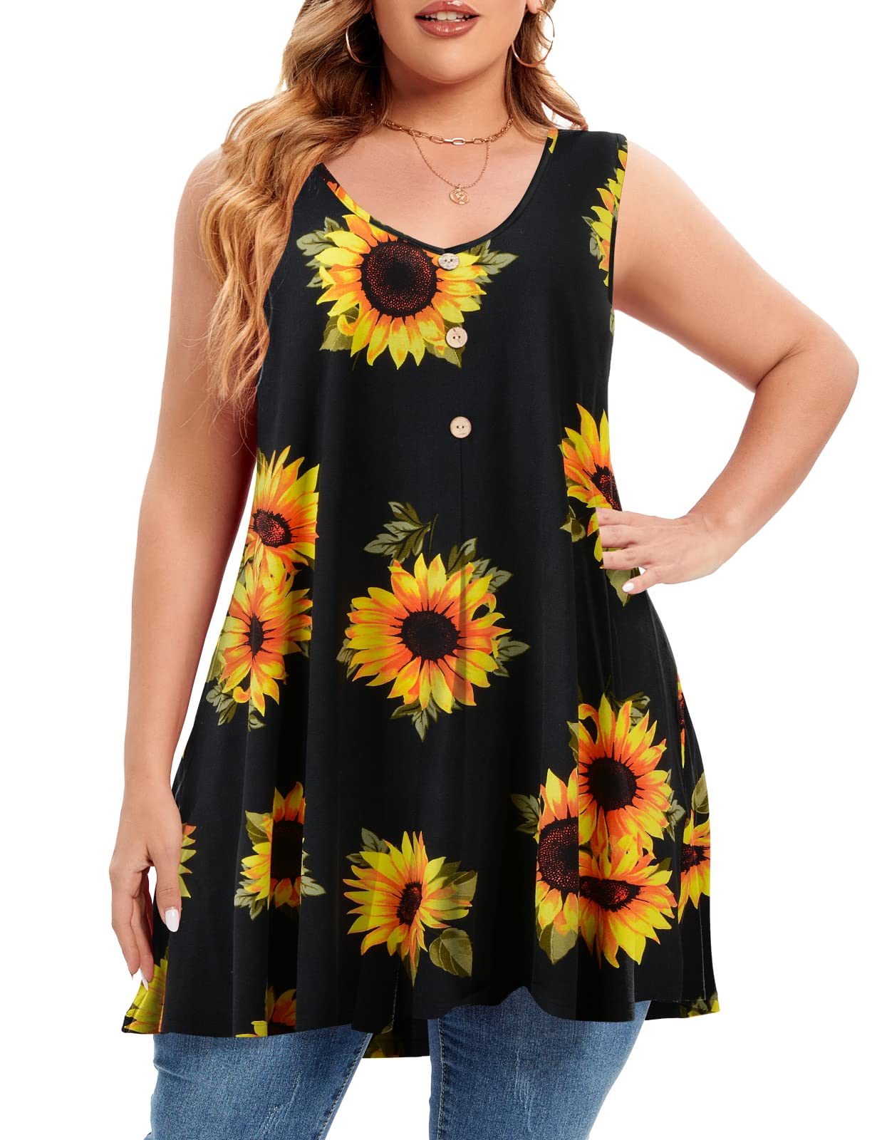 MONNURO Plus Size Women's V Neck Button Down Tank Top - Casual Flowy Sleeveless Summer Tunic Shirt for Beach, Travel & Everyday Wear