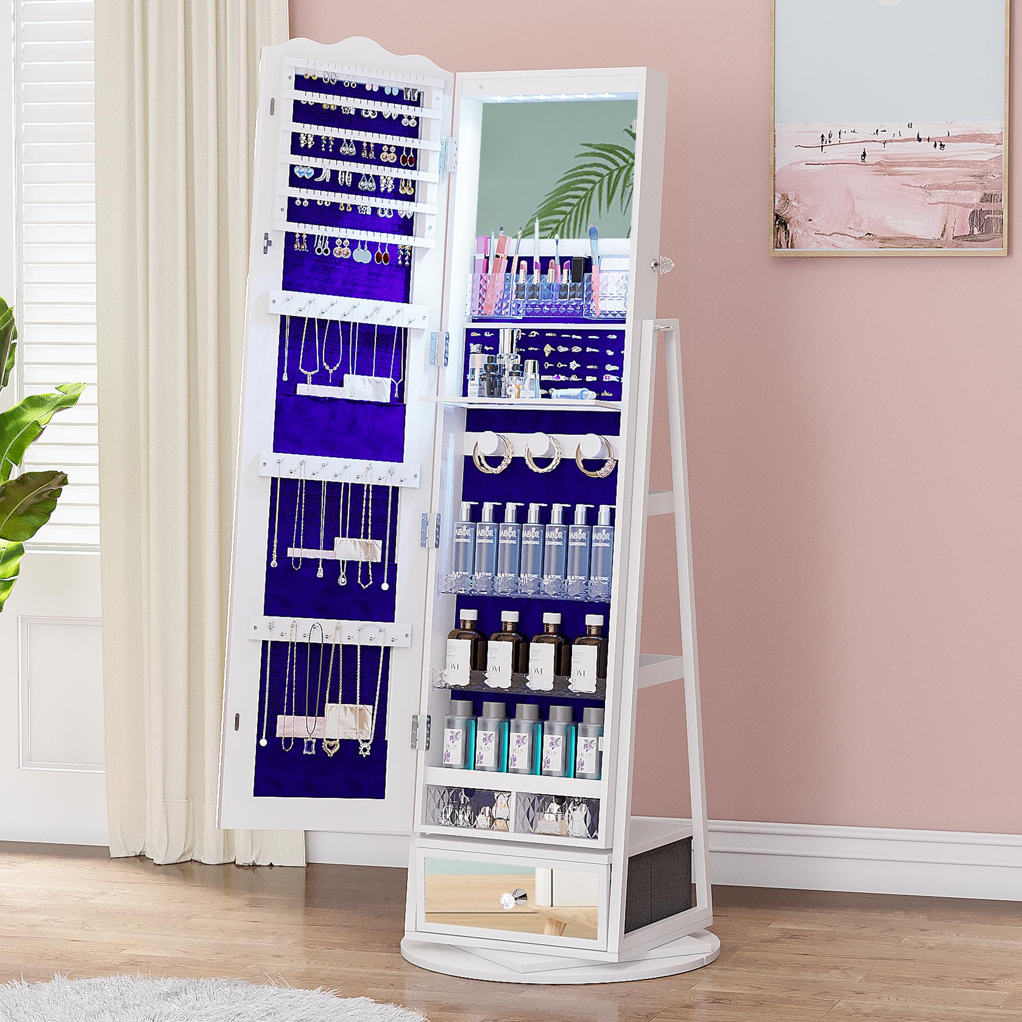 360° Rotating Jewelry Armoire with Full Length Mirror - Large Capacity Jewelry Organizer with LED Lights & Lock - Floor Standing Mirror with Storage Shelves for Necklaces, Rings & Accessories - Perfect for Bedroom, Closet & Dressing Room (White)