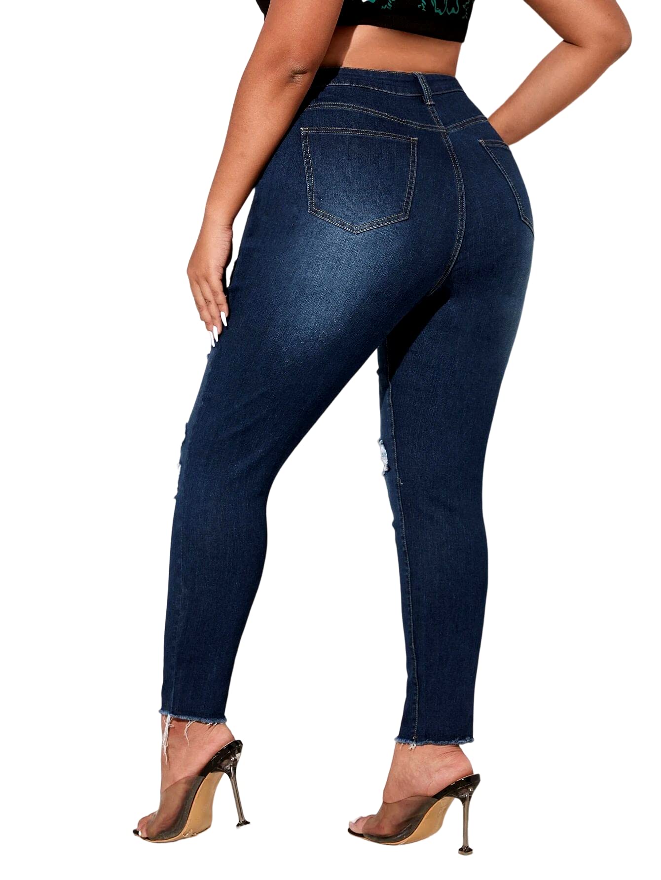 Jack David Women's Plus Size Ripped Distressed Blue Denim Stretch Jeans - Comfortable High Waisted Skinny Pants for Casual Wear & Everyday Outfits