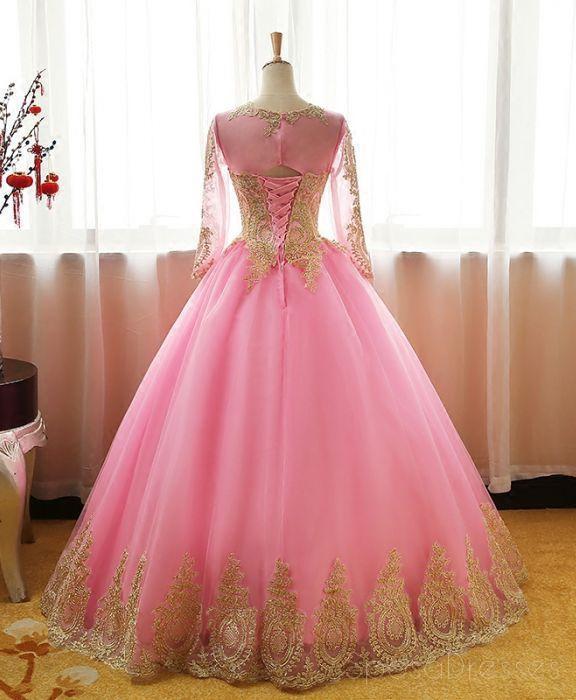 Elegant Long Sleeve Gold Lace Pink A-Line Evening Prom Dress for Sweet 16 | Formal Gown for Homecoming, Ball, and Special Occasions