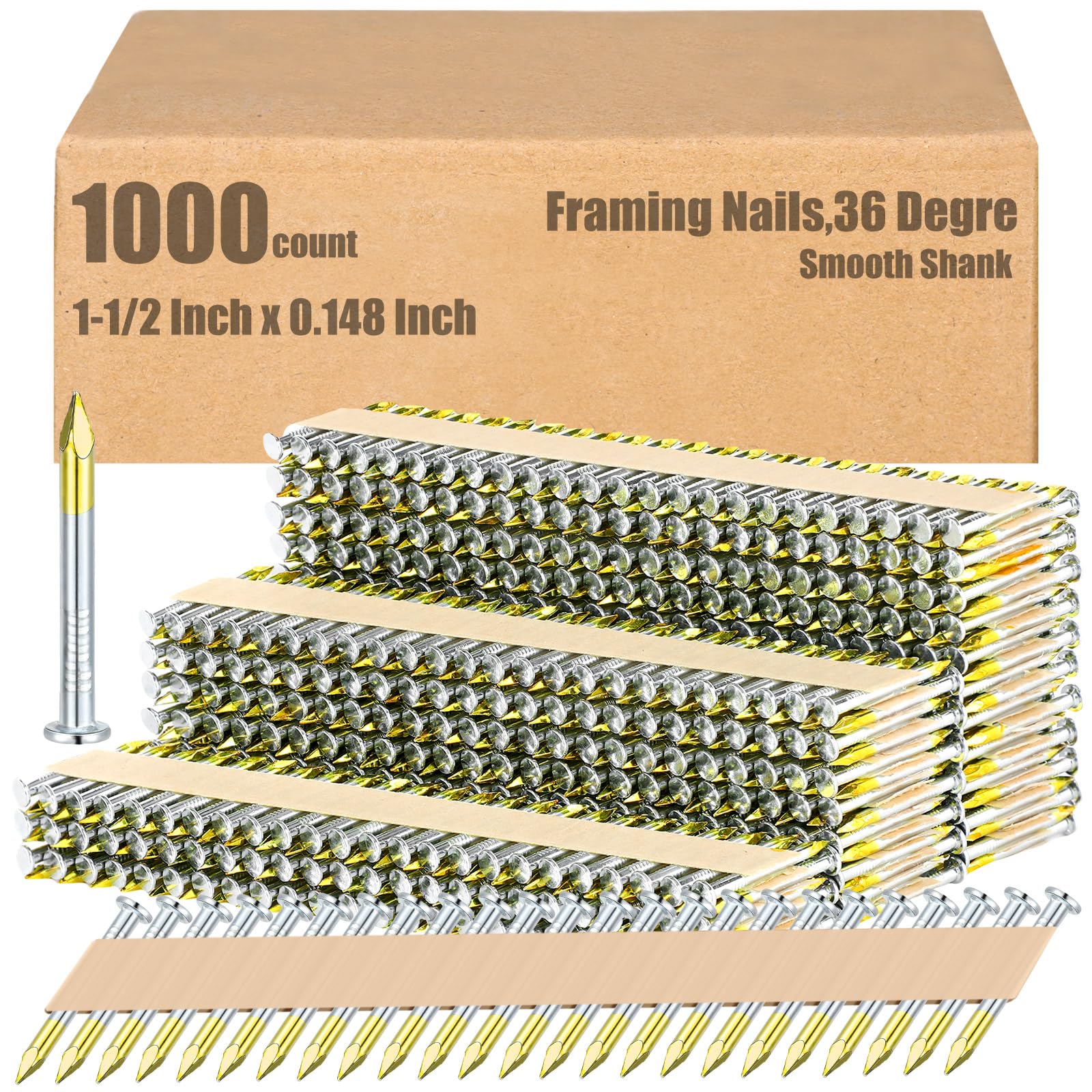 Hicarer 1000-Pack 1-1/2 x 0.148 Inch 36° Galvanized Framing Nails - Round Head Smooth Shank Joist Hanger Nails for Woodworking, Construction & DIY Projects - Perfect for Deck Building, Roofing & Furniture Making