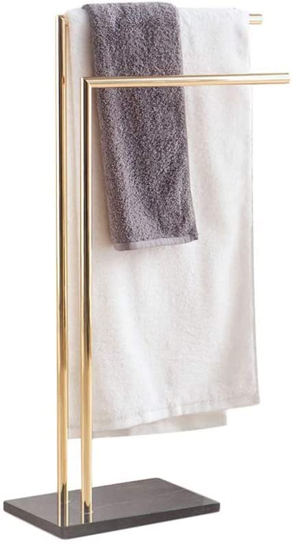 Modern Freestanding Towel Rack - Double L Shape Metal Brass Towel Holder with Marble Base | 31.5 Inch Bathroom & Kitchen Towel Drying Stand | Perfect for Spa, Guest Bath, or Luxury Home Decor
