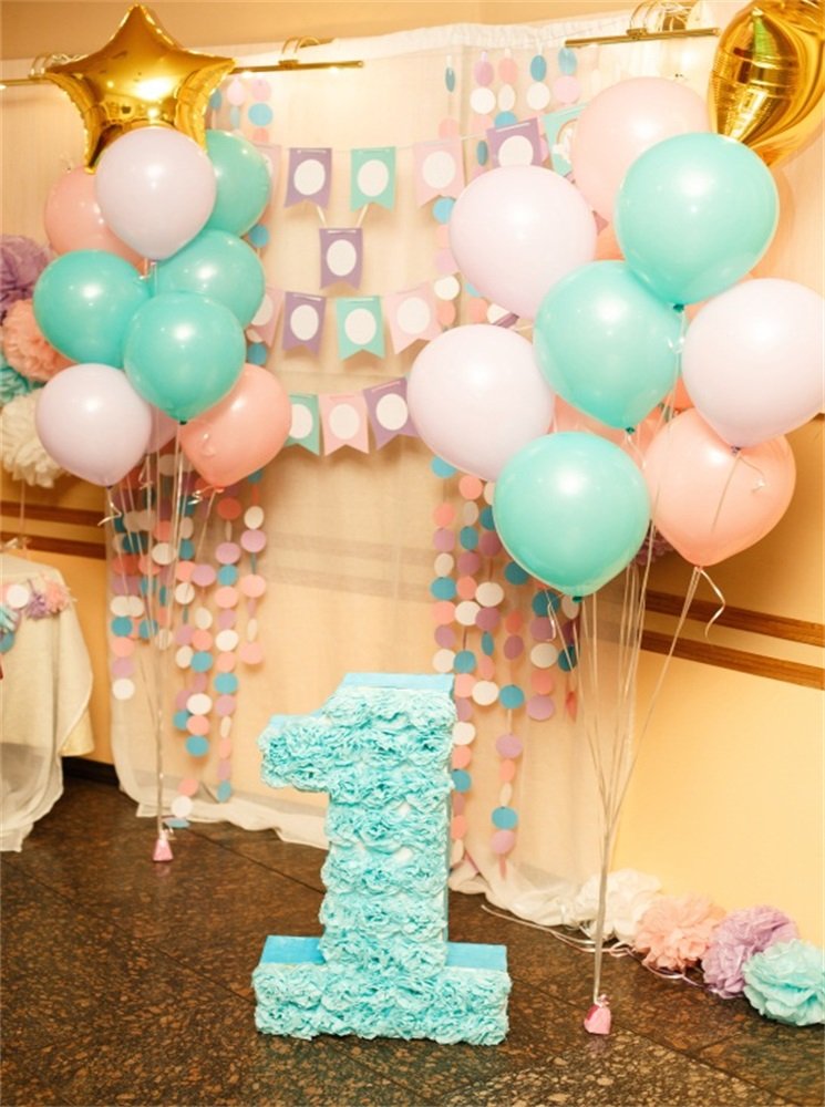 Leowefowa 5X7FT Happy First Birthday Backdrop - Balloons, Flags & Paper Flowers Decor with Marble Floor Design for Baby Photo Studio, Toddler Party, Vinyl Photography Background (Ideal for 1st Birthday Celebrations, Nursery Decor & Instagram Photos)