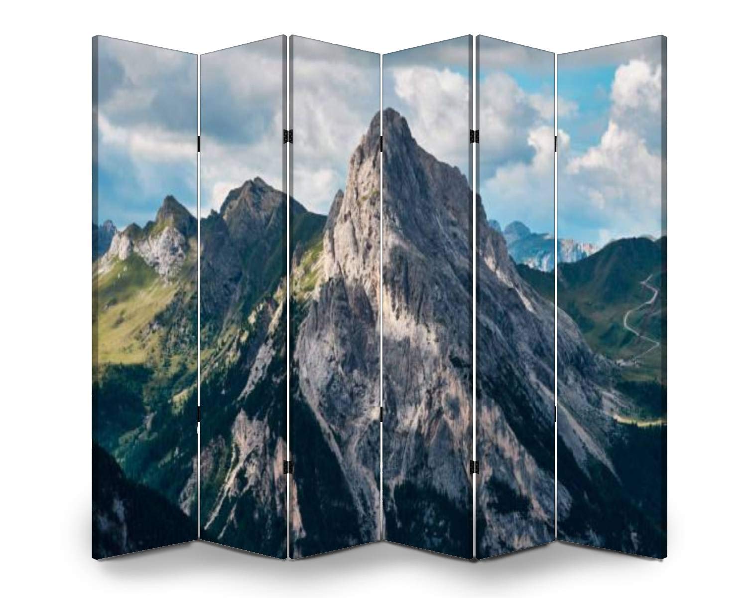 Wooden Folding Room Divider with Rocky Mountain Peak Design - 6-Panel Canvas Privacy Screen for Home & Office - Dual-Sided Partition for Bedroom, Living Room, and Indoor Display Shelves