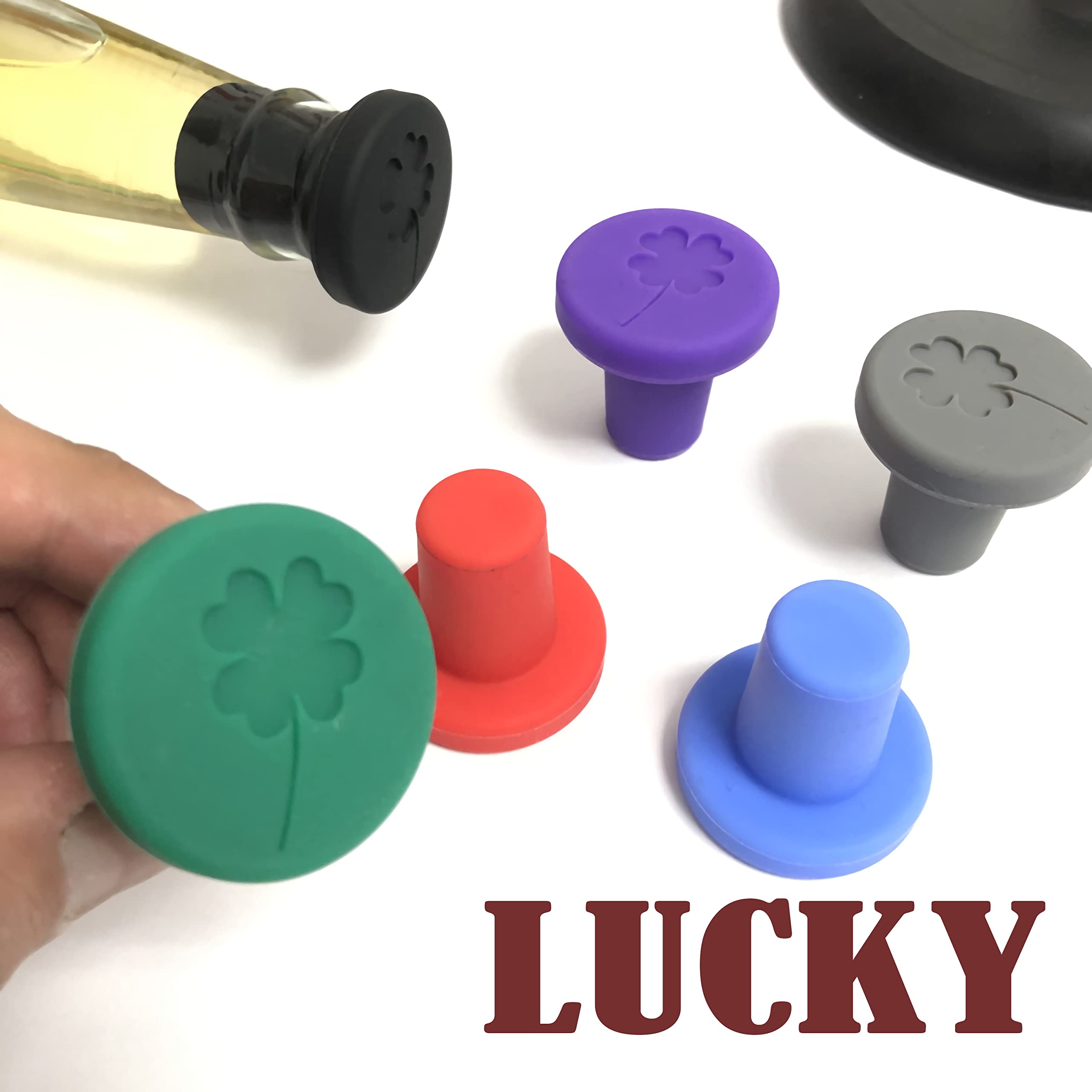 JCSMARTEC Set of 6 Lucky Clover Silicone Wine Stoppers - Beer Bottle Caps & Freshness Sealers for Wine, Champagne, and Liquor Bottles | Perfect for Home Bars, Parties, and Gifts