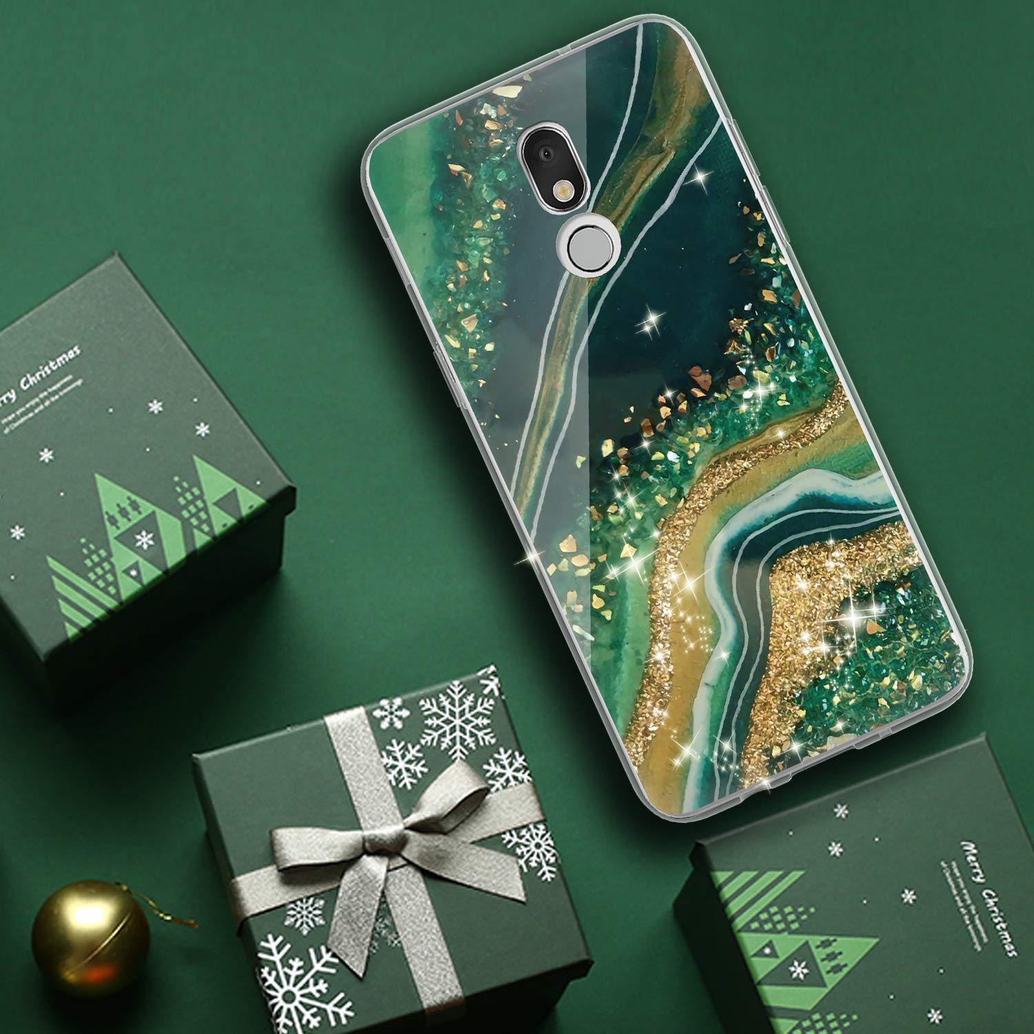 Premium Shockproof Phone Case for LG K40/K12 Plus/X4/Solo LTE/Harmony 3/Xpression Plus 2 - Matte Marble Design with Tempered Glass Screen Protector (Gold/Green) - Perfect for Everyday Protection & Style