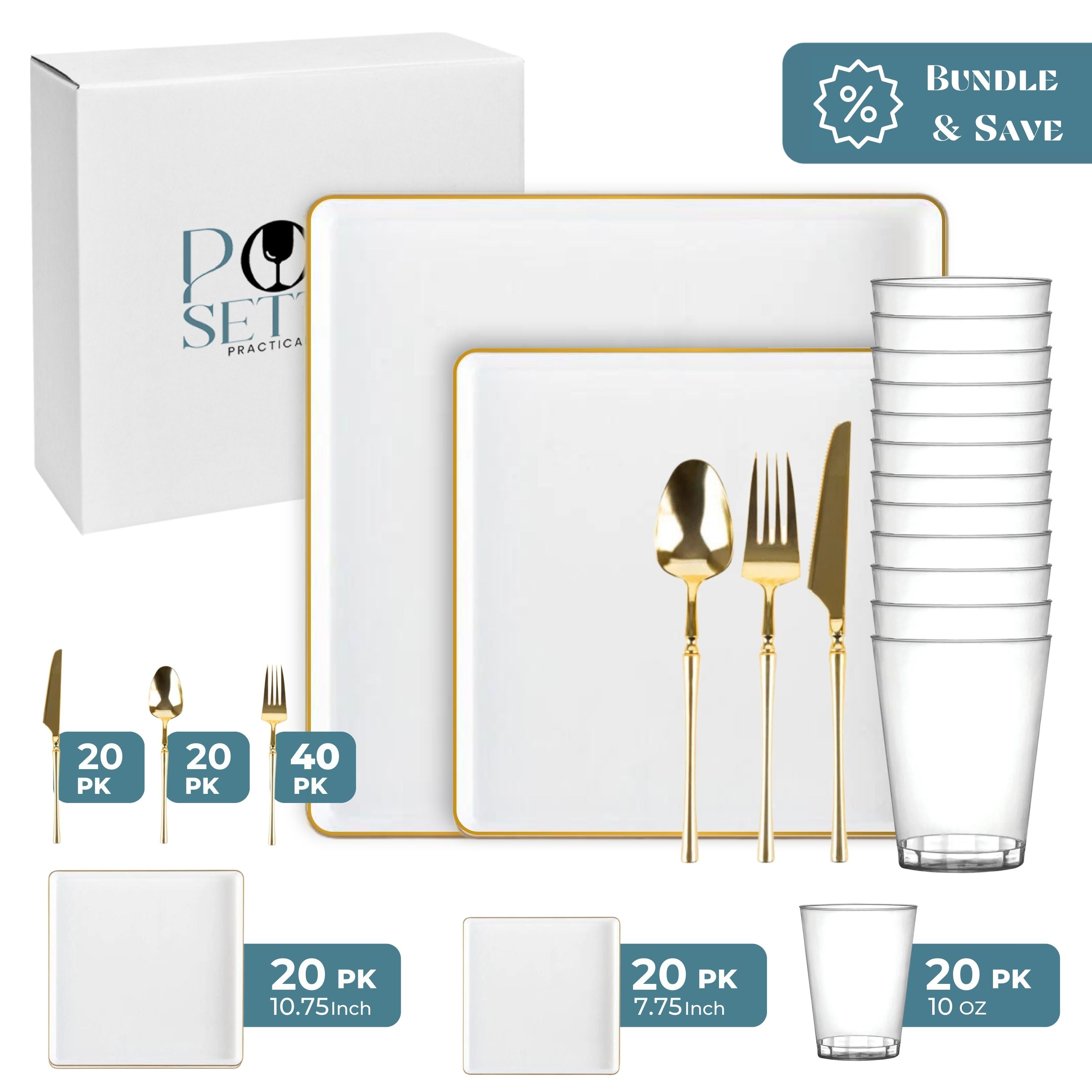 White and Gold Plastic Party Bundle - Square Edge Plates, Cups & Cutlery Set - Perfect for Birthday, Wedding & Holiday Celebrations