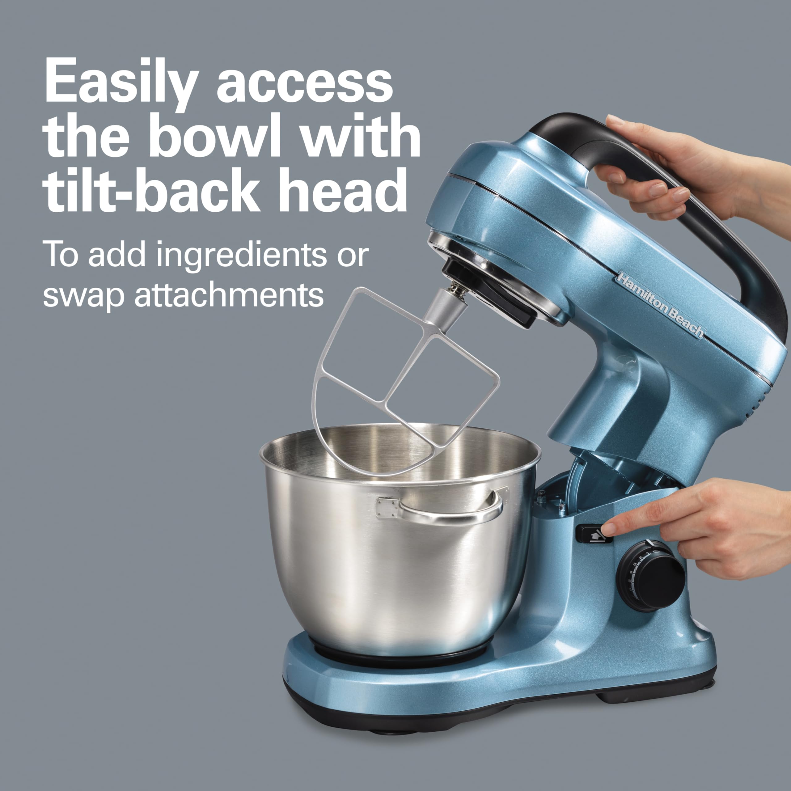 Hamilton Beach 4-Quart Electric Stand Mixer with Dough Hook, Flat Beater & Whisk - 7 Speed Settings & Splash Guard - Perfect for Baking Cakes, Cookies & Bread Dough (Blue)