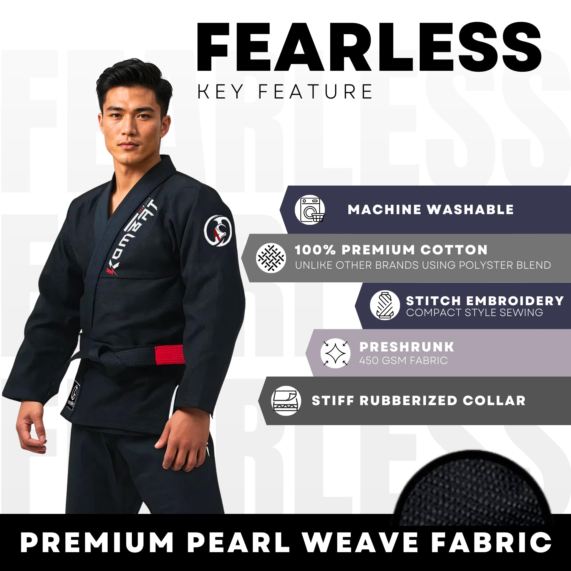 KOMBAT USA FEARLESS BJJ GI for Men - Preshrunk IBJJF Approved Kimono Jiu Jitsu Uniform with Free Belt (Special Size Guide) - Perfect for Training, Competition & Martial Arts Practice