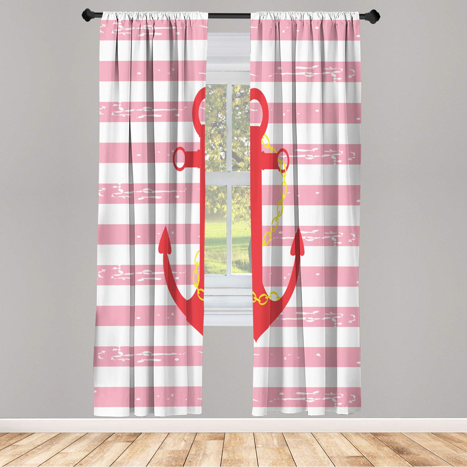 Ambesonne Striped Window Curtains - Nautical Anchor Chain Marine Life Design, Lightweight Decorative 2-Panel Set with Rod Pocket, 28