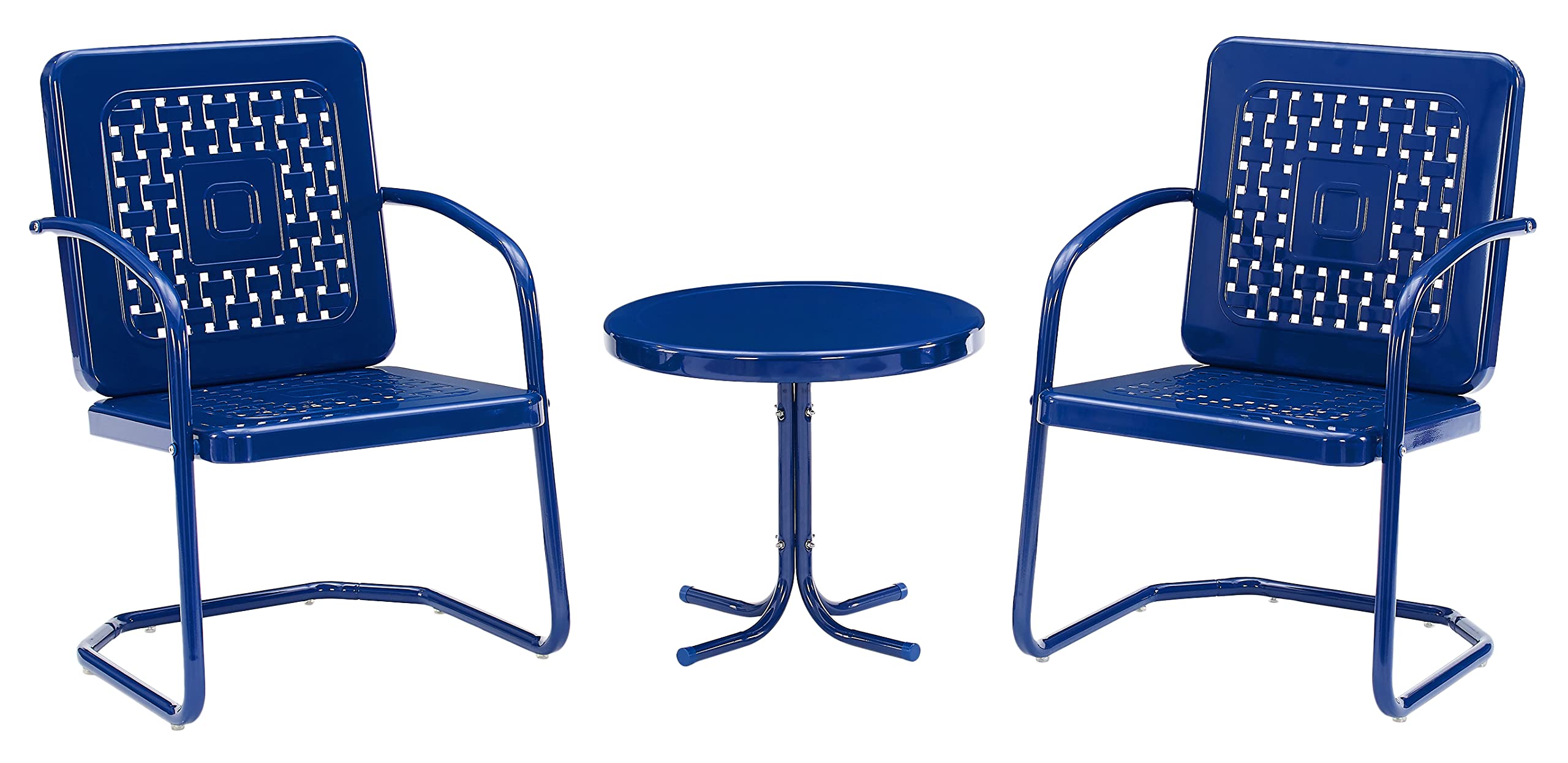 Crosley Furniture Bates 3-Piece Outdoor Bistro Set - Retro Metal Patio Chairs with Side Table in Navy Gloss Finish - Perfect for Garden, Balcony, and Backyard Relaxation