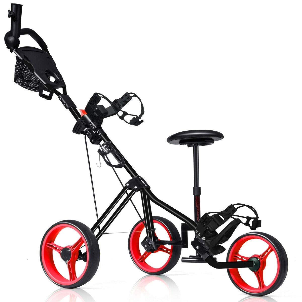 LHONE 3 Wheel Golf Push Cart with Seat - Lightweight Golf Trolley with Scorecard Holder, Drink Holder & Foot Brake - Adjustable Handle, Lockable Design with Cup & Umbrella Holder - Perfect for Golf Courses, Driving Ranges & Outdoor Practice Sessions