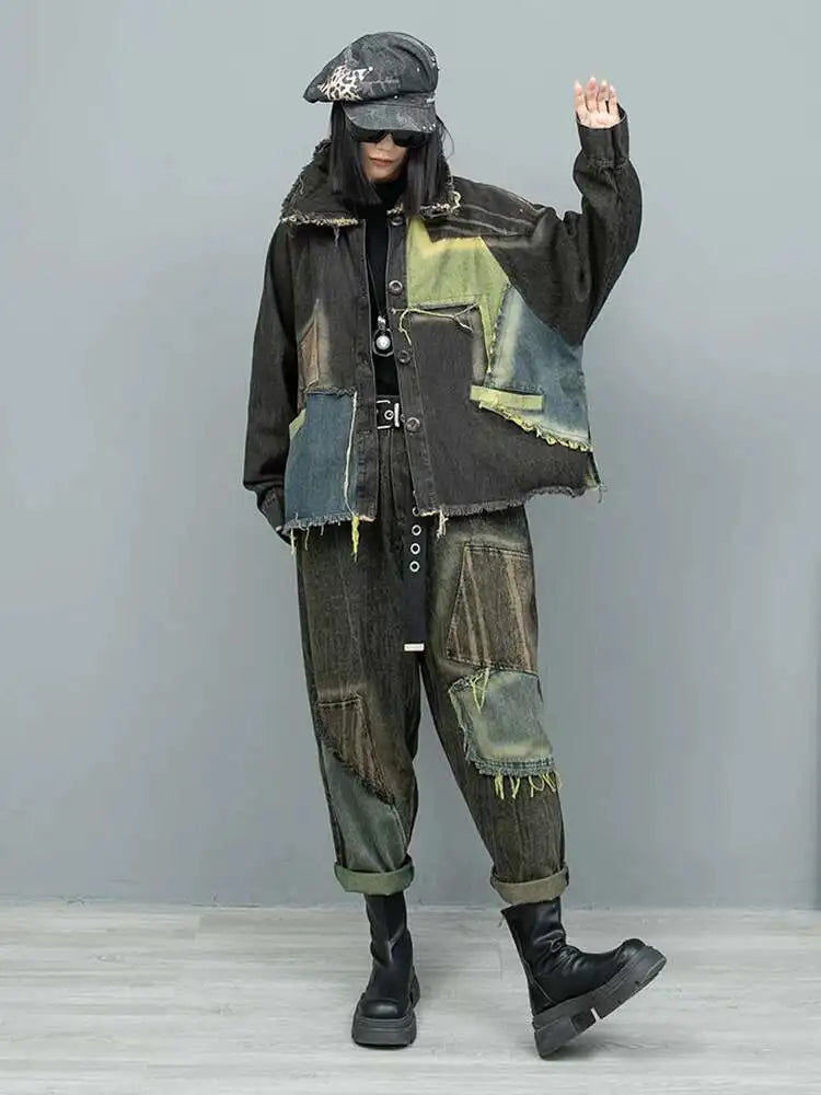 Women's Big Size Denim Jacket & Wide Leg Pants Two-Piece Suit - 2025 Spring Autumn Fashion Trend with Lapel Design & Long Sleeves (Style 1DH9117) | Perfect for Casual Outings, Office Wear & Street Style