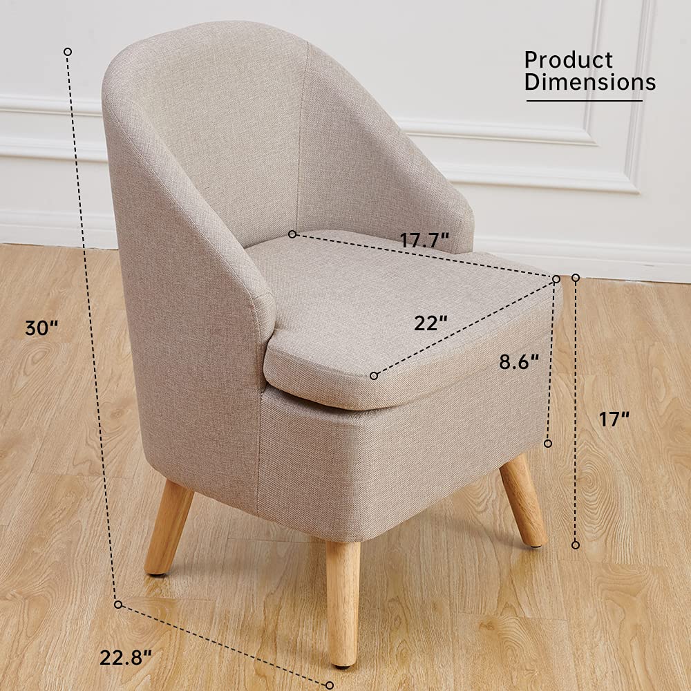 Stylish Beige Barrel Accent Chair with Upholstered Cotton Linen Fabric & Wooden Legs - Perfect Round Single Sofa for Living Room, Bedroom or Office Decor
