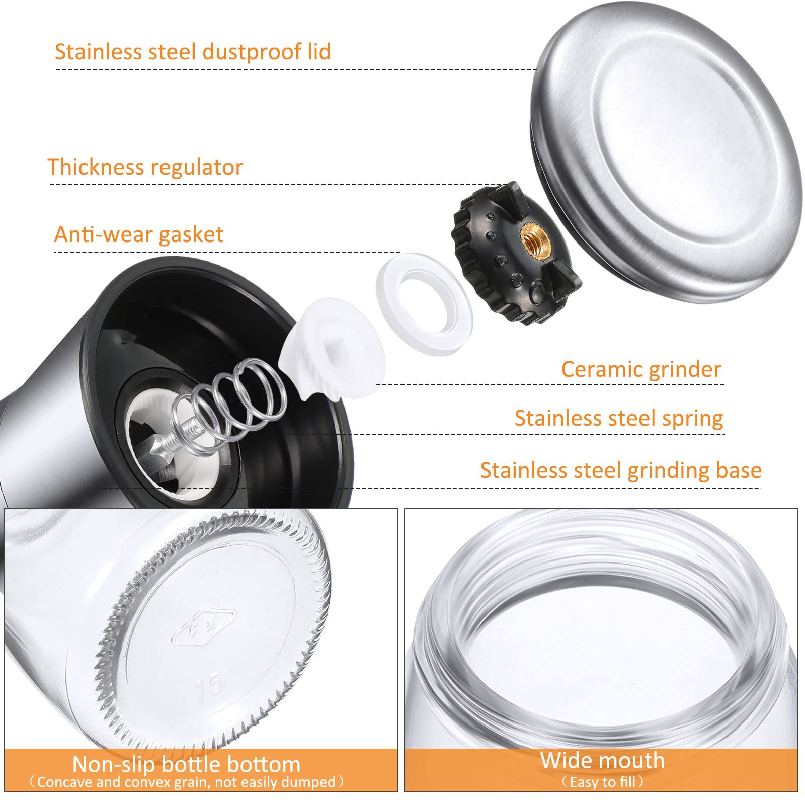 Premium Set of 6 Stainless Steel Salt and Pepper Grinders - Adjustable Ceramic Spice Mill with Refillable Glass Bottle (6.3 oz) - Perfect for Kitchen, Dining Table & Gourmet Cooking