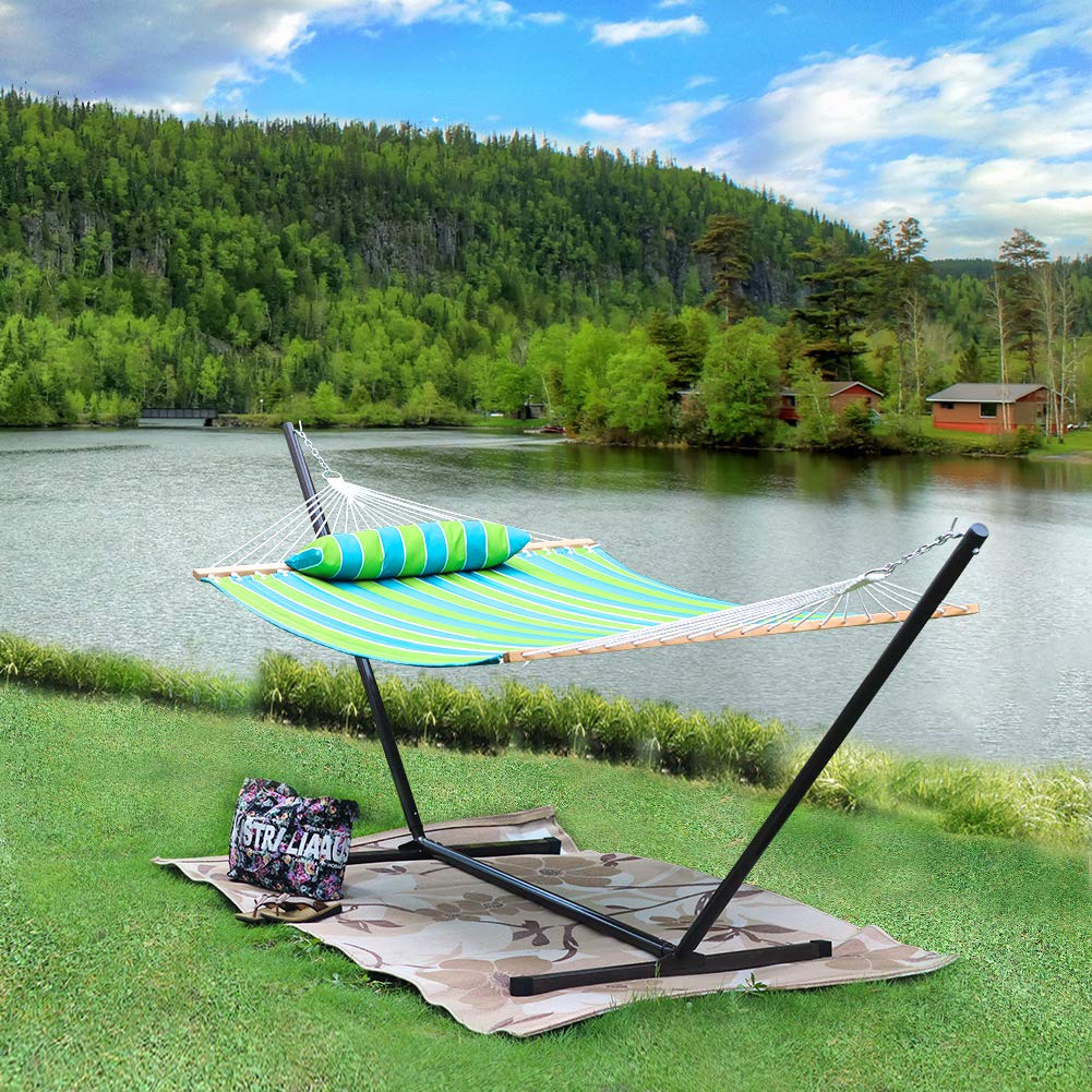 2 Person Heavy Duty Outdoor Hammock with Curved Spreader Bar & Pillow - Portable Hammock Stand for Garden, Backyard, Pool, Beach - Perfect for Relaxing, Camping & Vacation (Green Stripe)