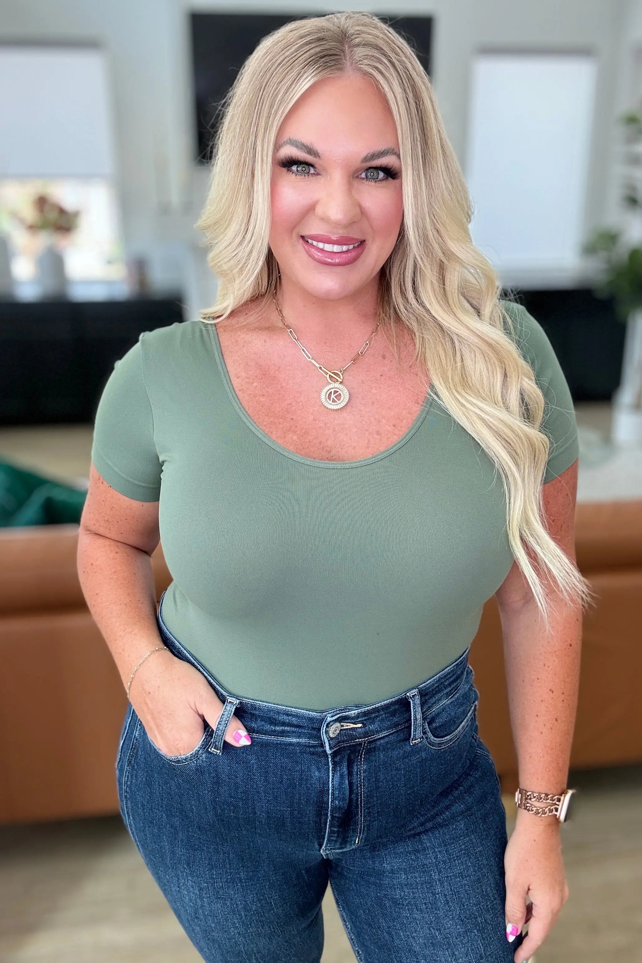 Smokey Olive Scoop Neck Short Sleeve Bodysuit for Women - Comfortable Everyday Basic Top for Layering, Casual Outfits & Work Wear