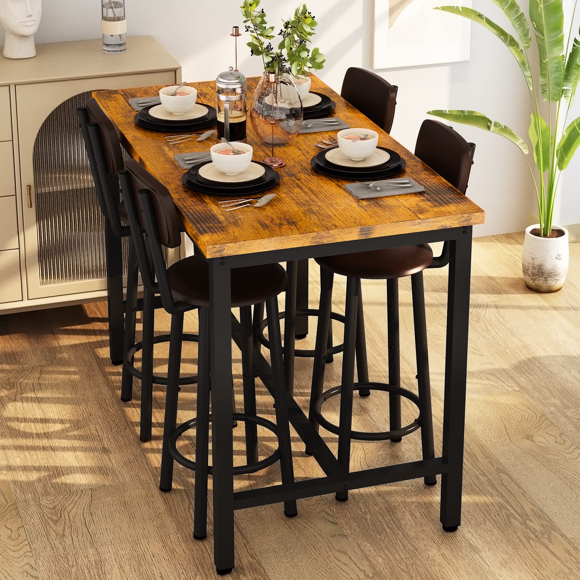 **Industrial Counter Height Dining Table Set for 4 with PU Upholstered Stools - Rustic Brown Kitchen Pub Table for Small Spaces, Restaurants & Home Use | Perfect for Compact Kitchens, Breakfast Nooks & Entertaining**