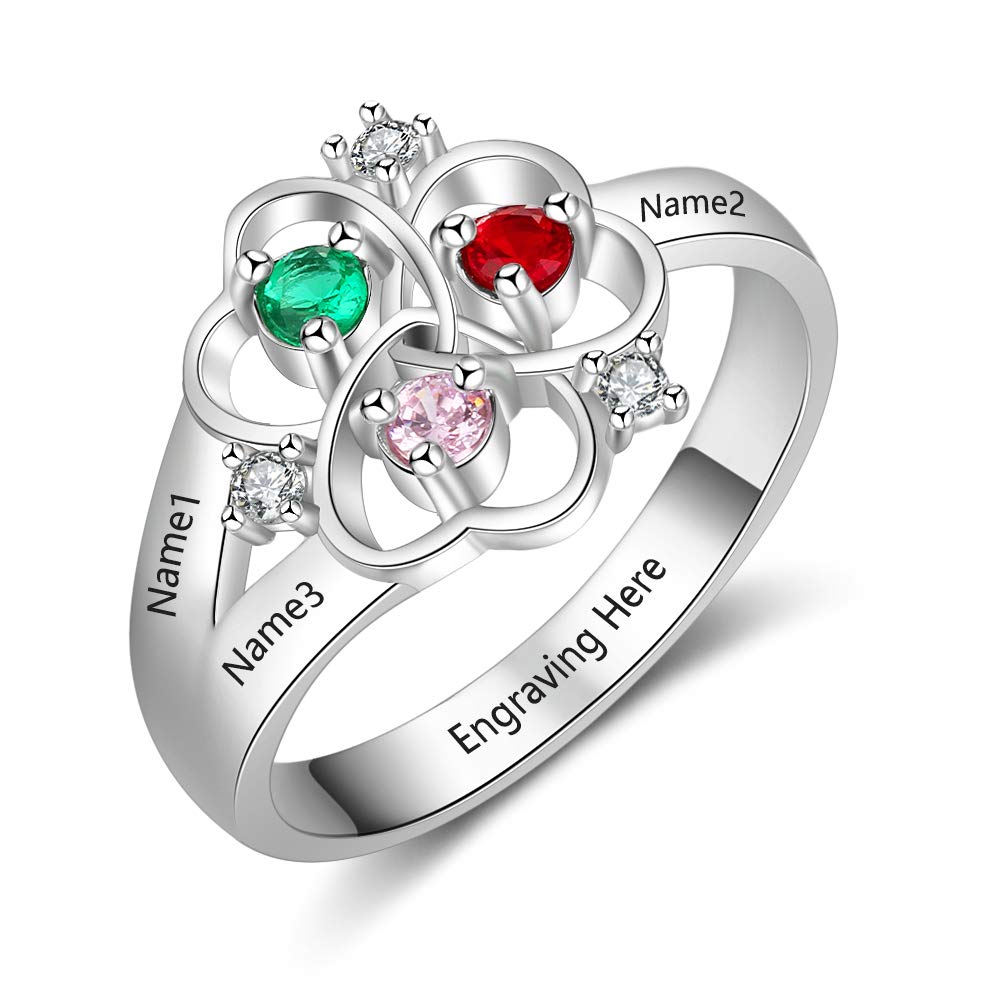 Personalized Simulated Birthstone Rings for Mothers - Custom Engraved 3 Names Flower Heart Promise Rings for Women | Perfect Gift for Mom, Anniversary, Mother's Day & Special Occasions